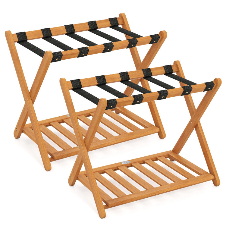 Hivvago Set of 2 Folding Luggage Racks with 5 Nylon Straps and Slatted Storage Shelf