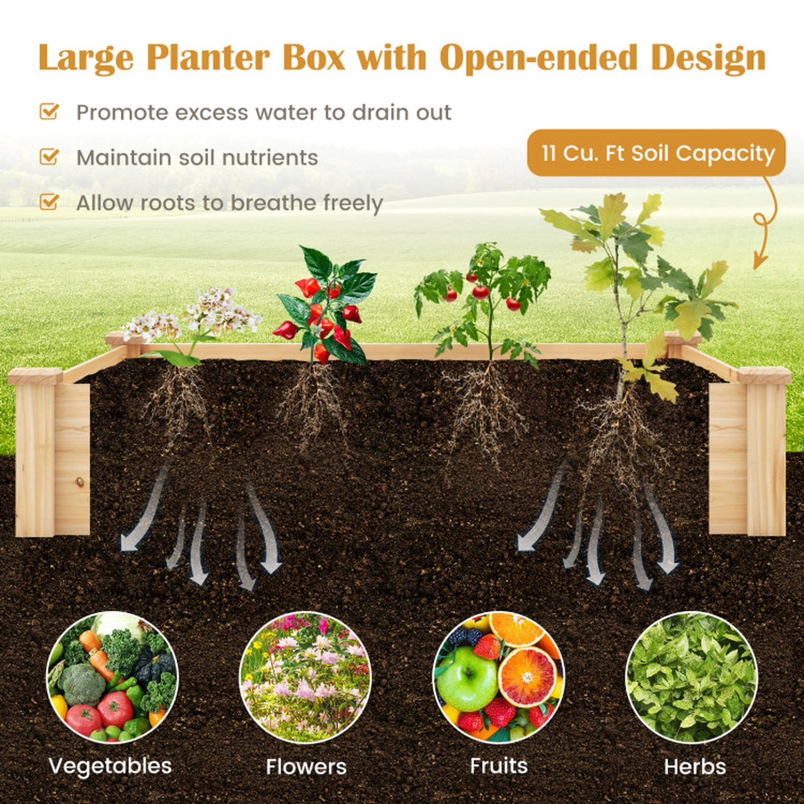 SUGIFT Raised Garden Bed with Compost Bin and Open-Ended Bottom Outdoor Planter Natural
