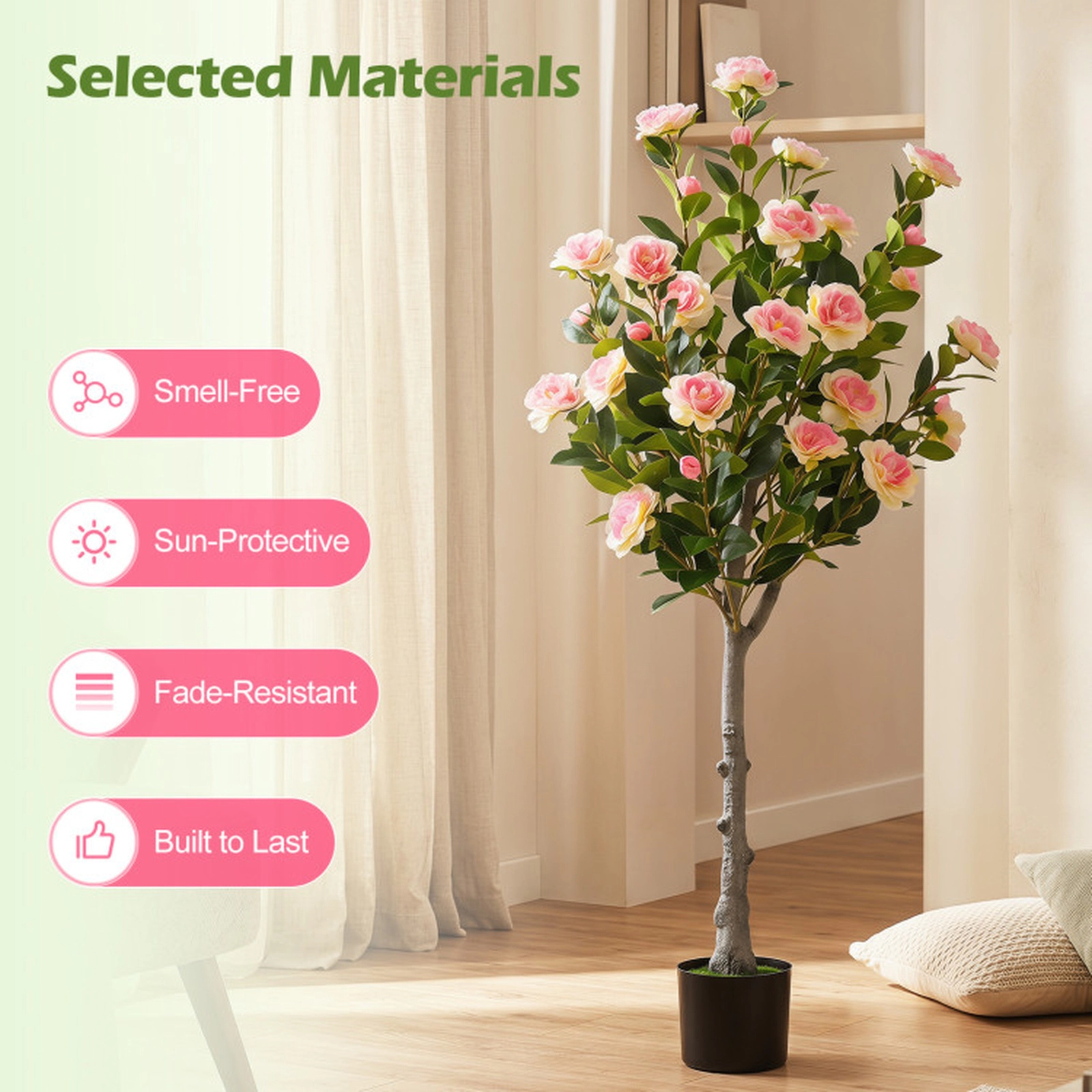 SUGIFT 50.5-in Tall Artificial Pink Camellia Tree with 27 Blossoms Green Moss and Cement-Filled Pot