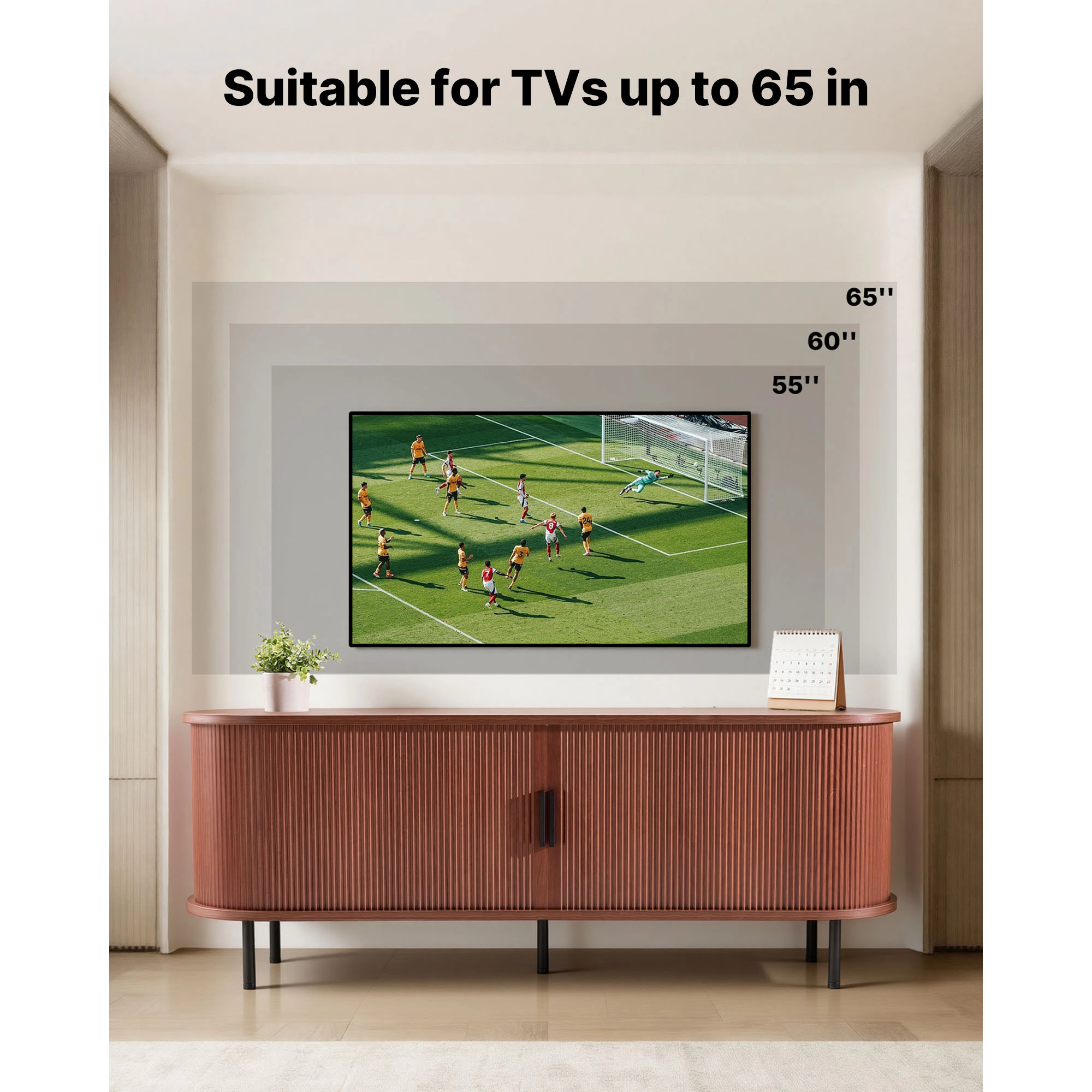 HONGGE Boho Entertainment Center for TVs up to 58 in, 350 lbs Load, with Adjustable Storage Shelves and Rolling Door
