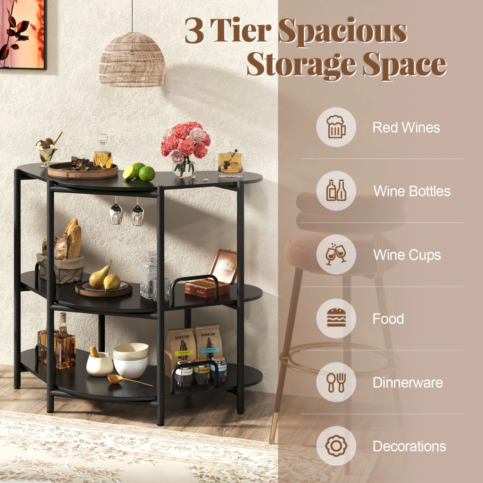 SUGIFT 3-Tier Liquor Bar Table with Stemware Racks and Storage Shelves 200-lb Capacity Rustic Brown & Black