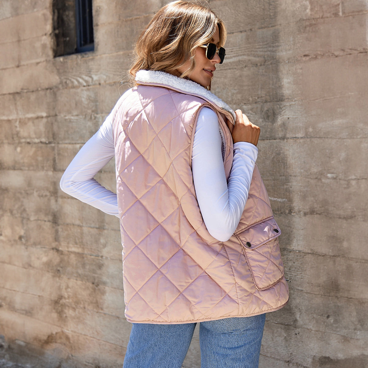 Sol Living Womens Pink Fleece Lined Quilted Vest Coats