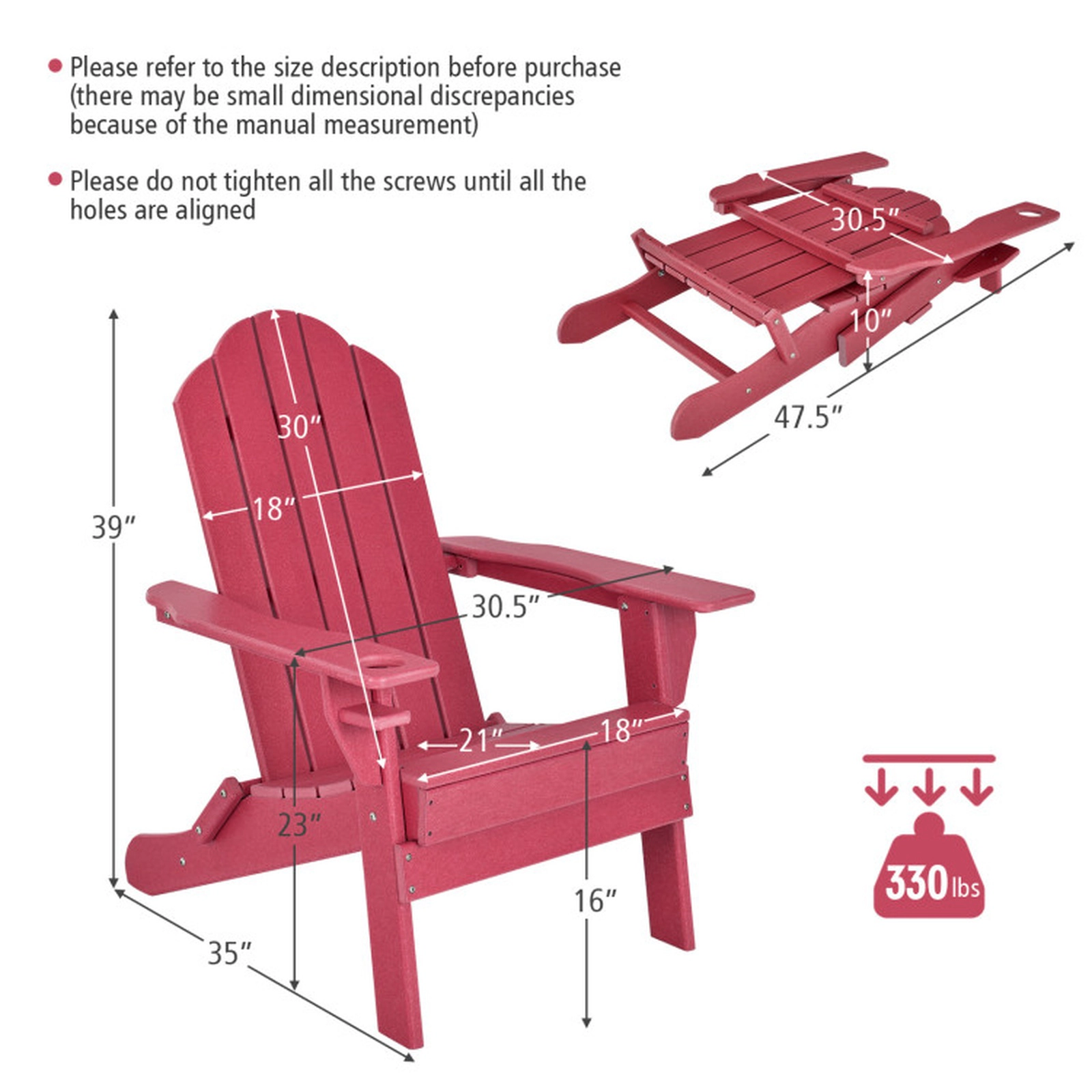 SUGIFT 330-lb Capacity Red Fade Resistant PE Folding Adirondack Chair with Built-in Cup Holder and Oversized Seat