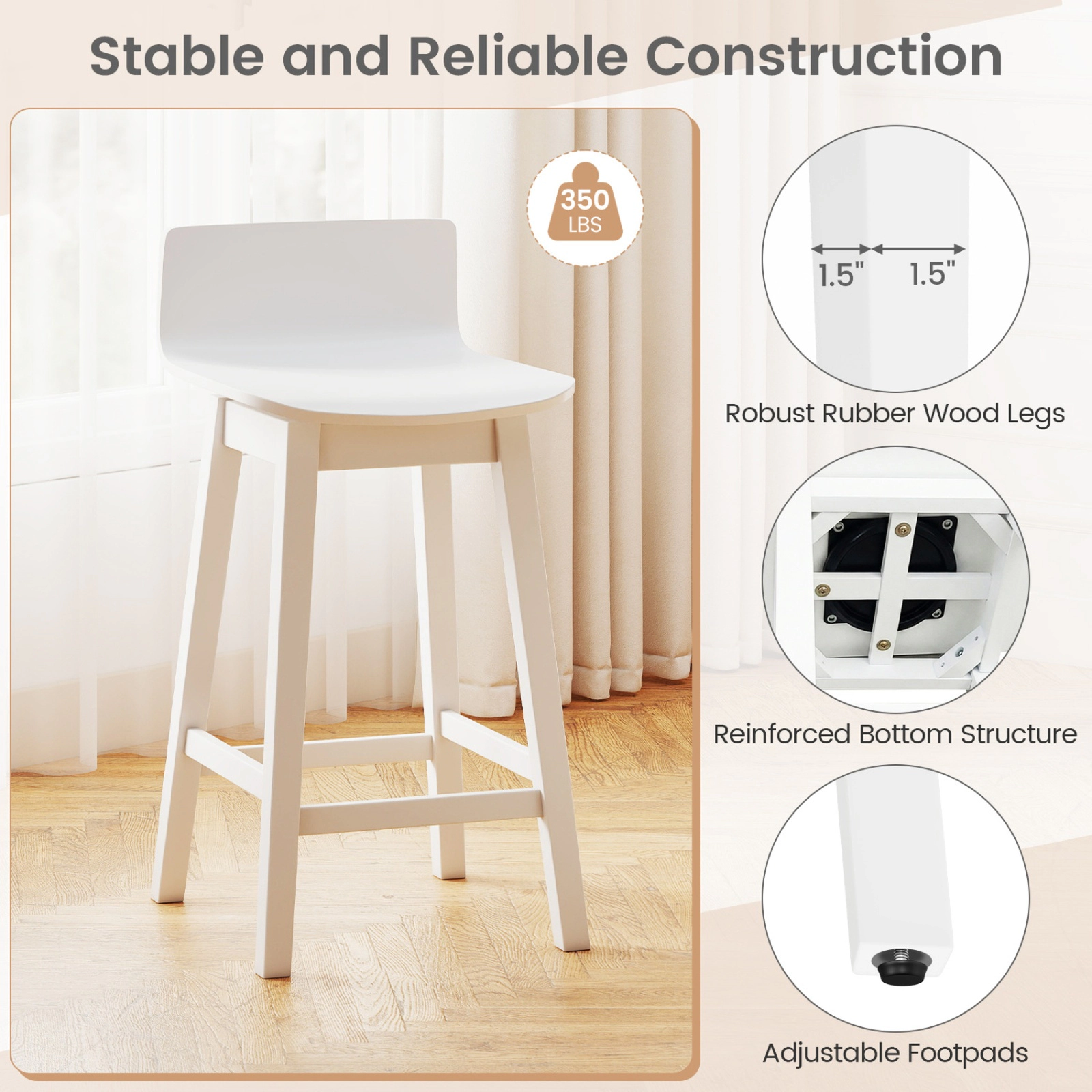 SUGIFT Set of 4 White 24.5 in Counter-Height Swivel Bar Stools