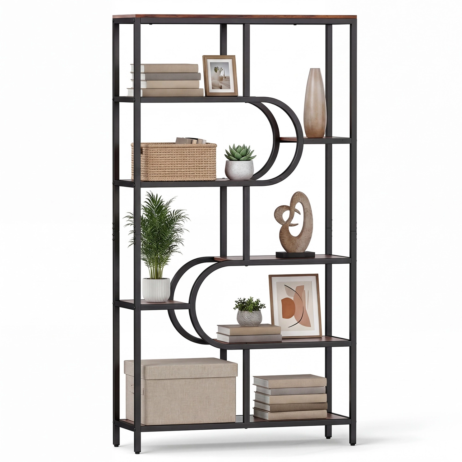 SUGIFT 5-Tier U-Shaped Tall Etagere Bookcase with Open Storage Shelves 88-lb Top Shelf Capacity Rustic Brown
