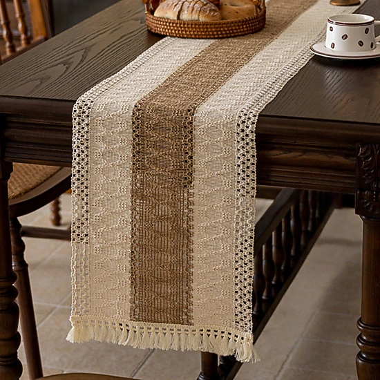 Alilang Women Textured Woven Table Runner with Fringe Trim and Neutral Stripe Pattern 47x11.8 in