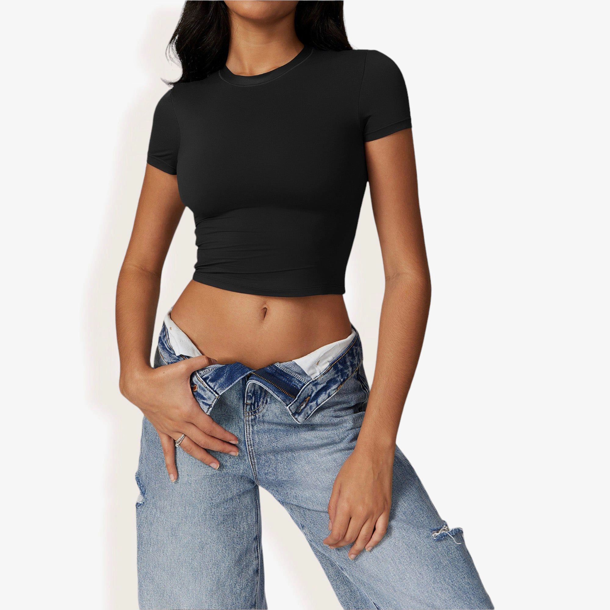 Anna-Kaci Women's Athletic Short Sleeve Crop Top with Stretch Fit and Crew Neck Design
