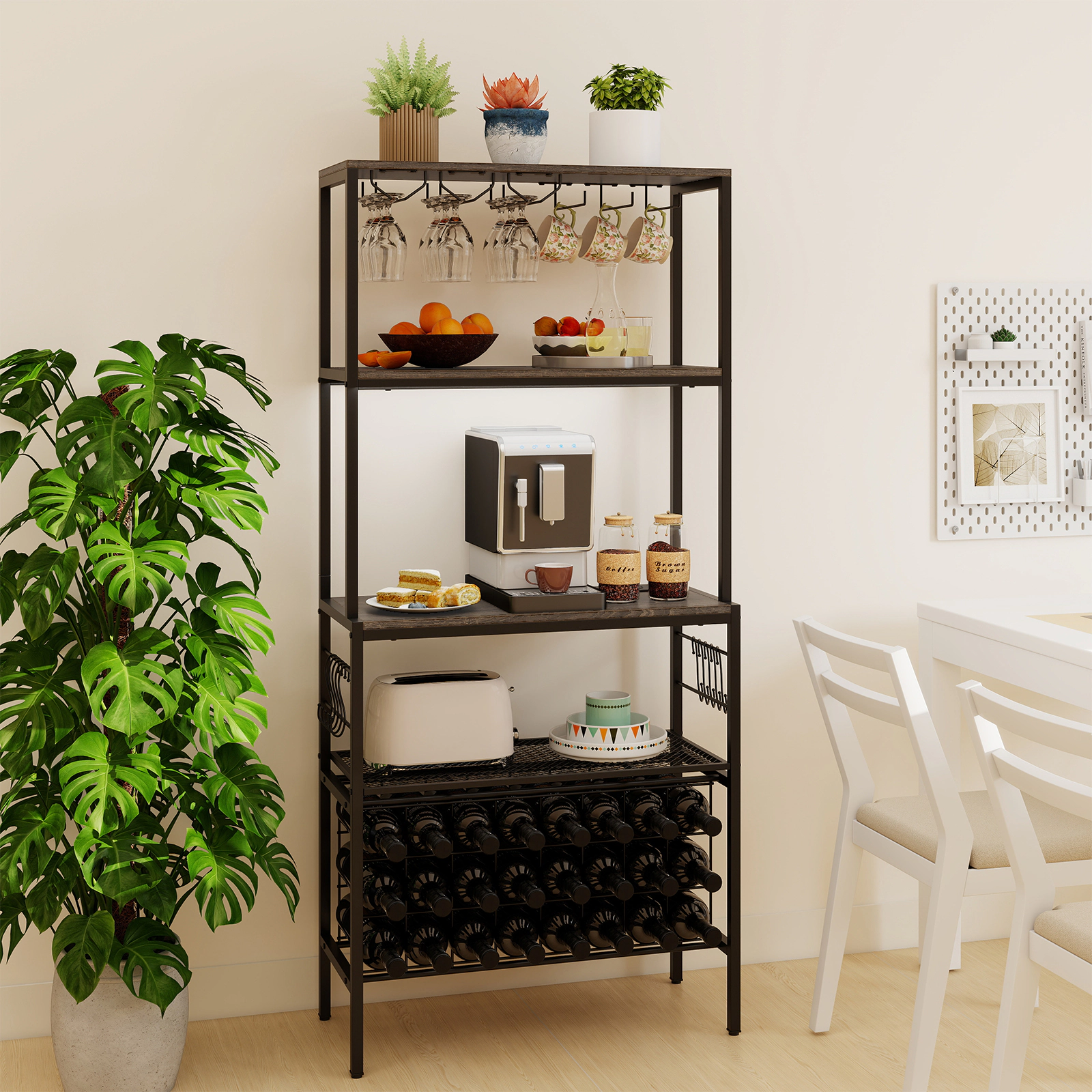 SUGIFT Black 65-in Industrial Wine Rack Bar Cabinet with Power Outlet RGB Light and 24-Bottle Shelf