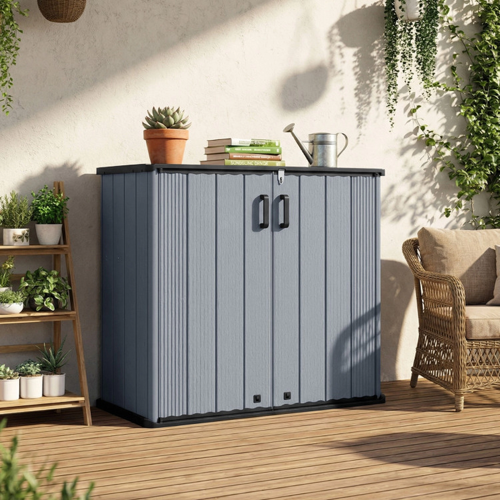 SUGIFT 23.5-cu ft All-Weather Outdoor Storage Box with Floor Lockable Door and Grooved Drainage Roof