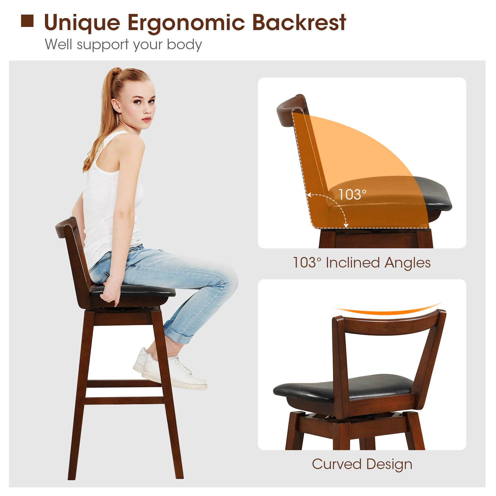 SUGIFT Swivel Upholstered PU Leather Bar Stool with Backrest and Cushioned 30.5-in Seat 335-lb Capacity Walnut and Black