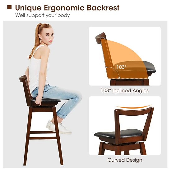SUGIFT Swivel Upholstered PU Leather Bar Stool with Backrest and Cushioned 30.5-in Seat 335-lb Capacity Walnut and Black