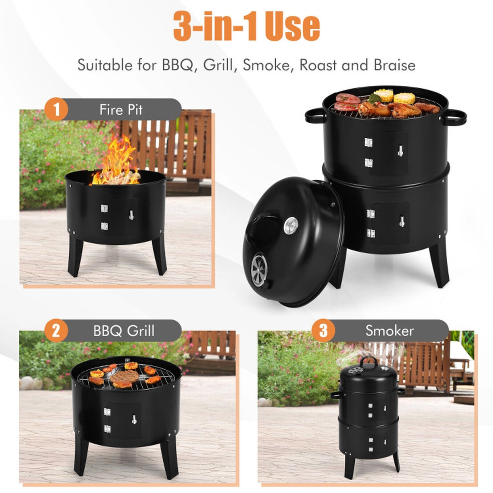 SUGIFT 3-in-1 Vertical Charcoal BBQ Grill Smoker and Fire Pit with Built-in Thermometer Black