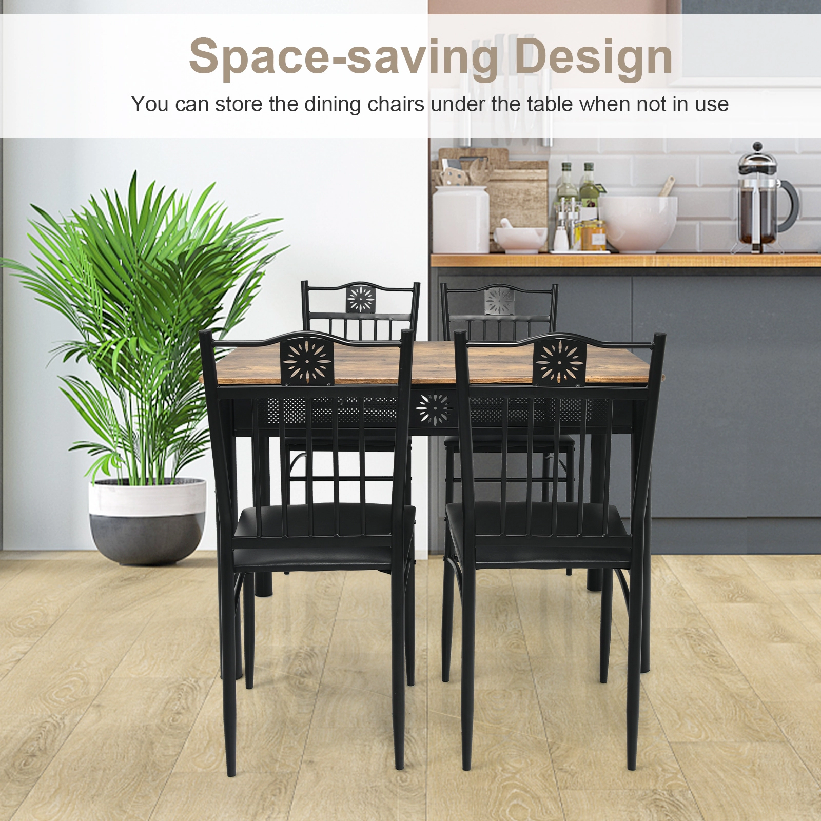 LJG 5 Pcs Dining Set Wood Metal Table and 4 Chairs with Cushions