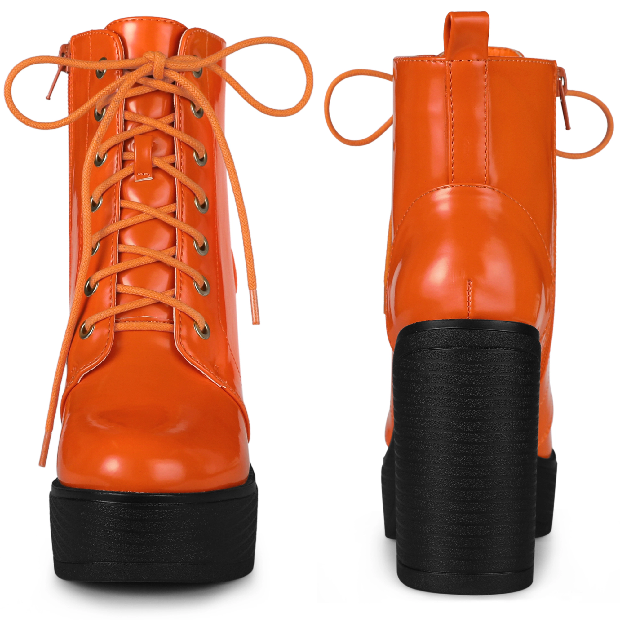 BLISSFUL STEP Women Faux Leather Lace-Up Platform Chunky Heel Combat Boots