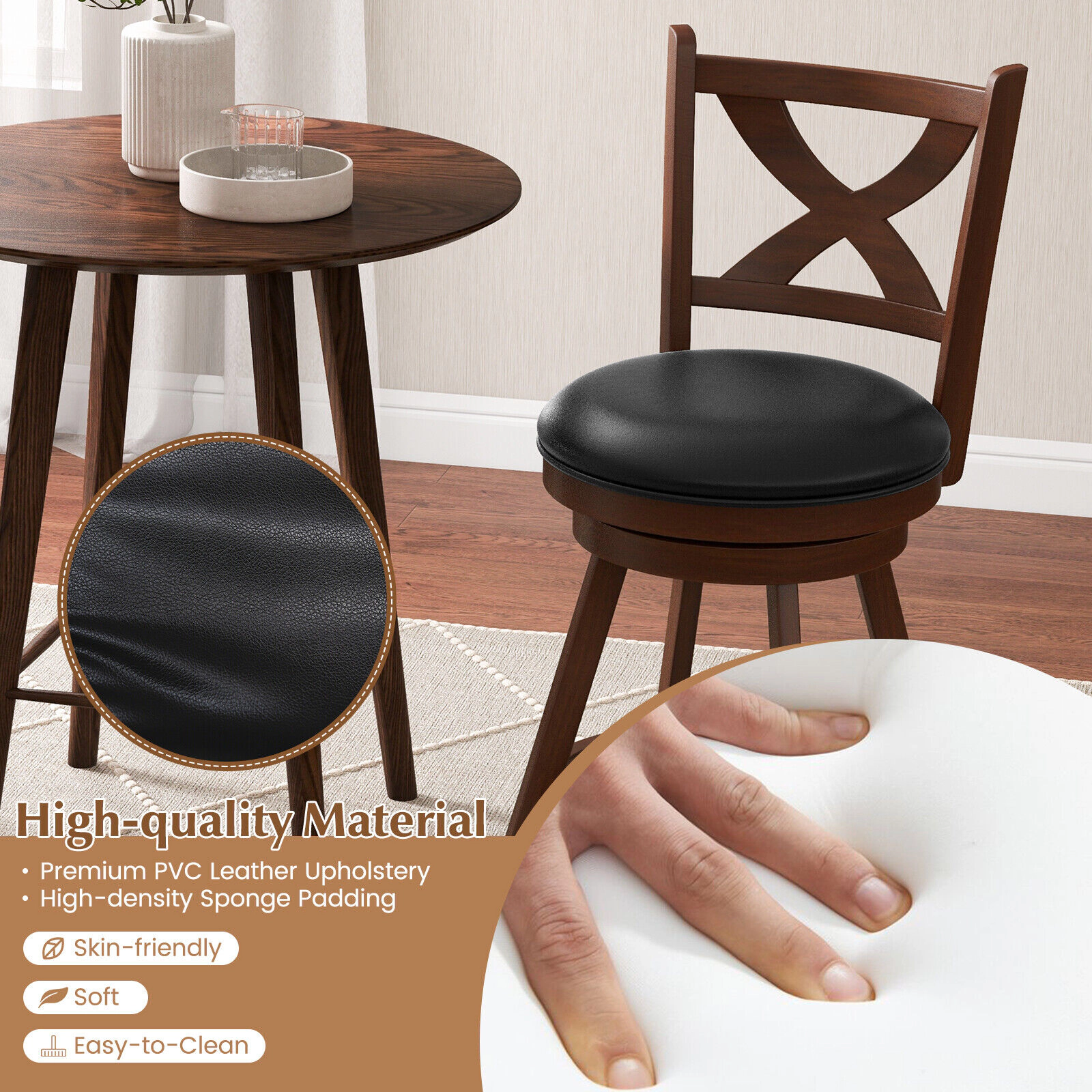 Glintex 2-Piece 24-Inch Swivel Counter Stool Set with X-Shaped Open Back, Brown