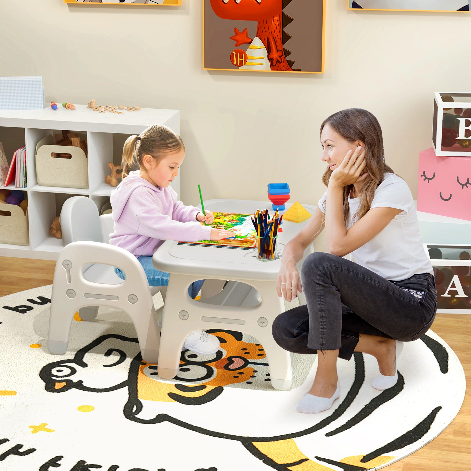 SUGIFT Kids Dinosaur Activity Table and Chair Set with Building Blocks, Gray