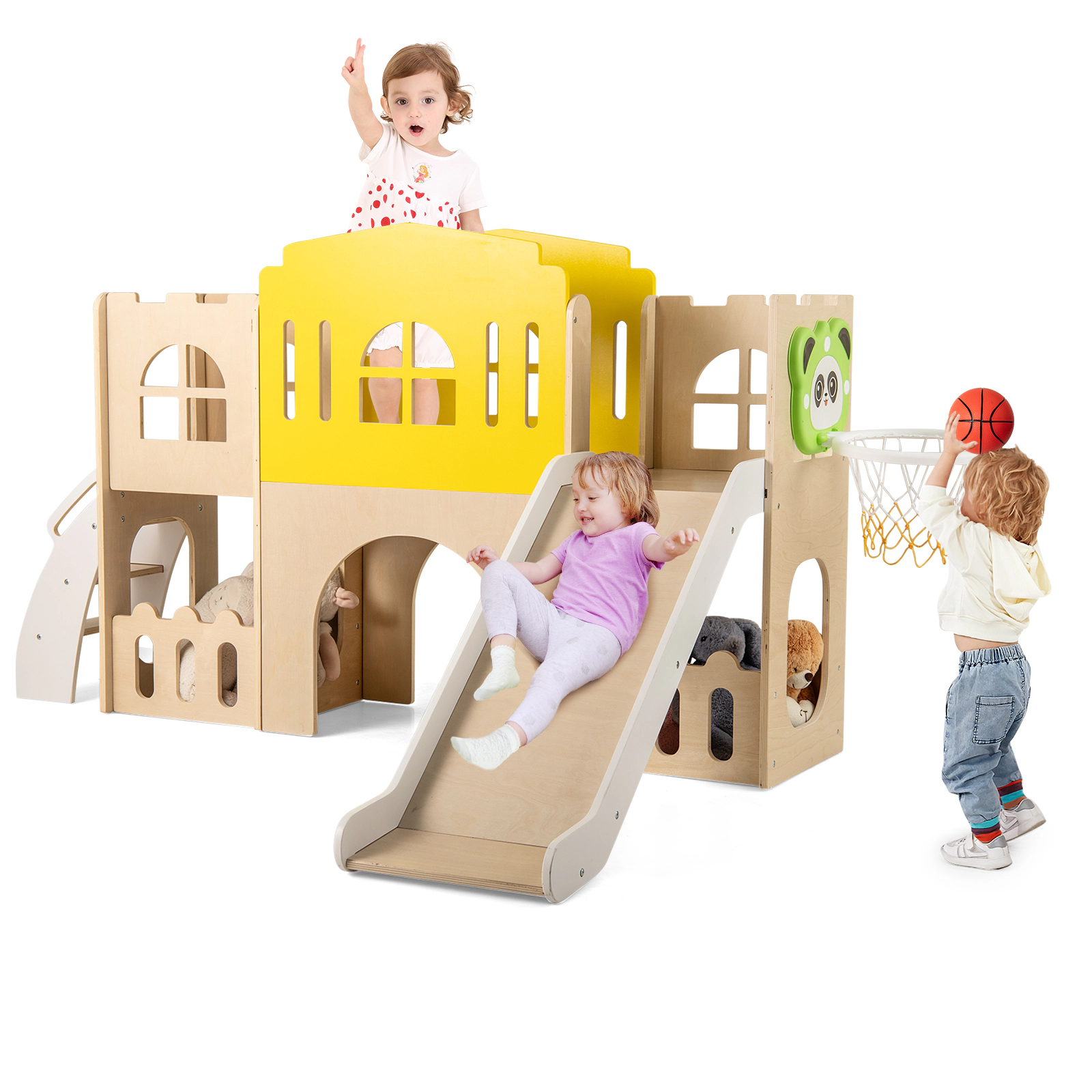 SUGIFT Multicolor Climber Tunnel and Basketball Hoop 7-in-1 Wooden Toddler Slide Set