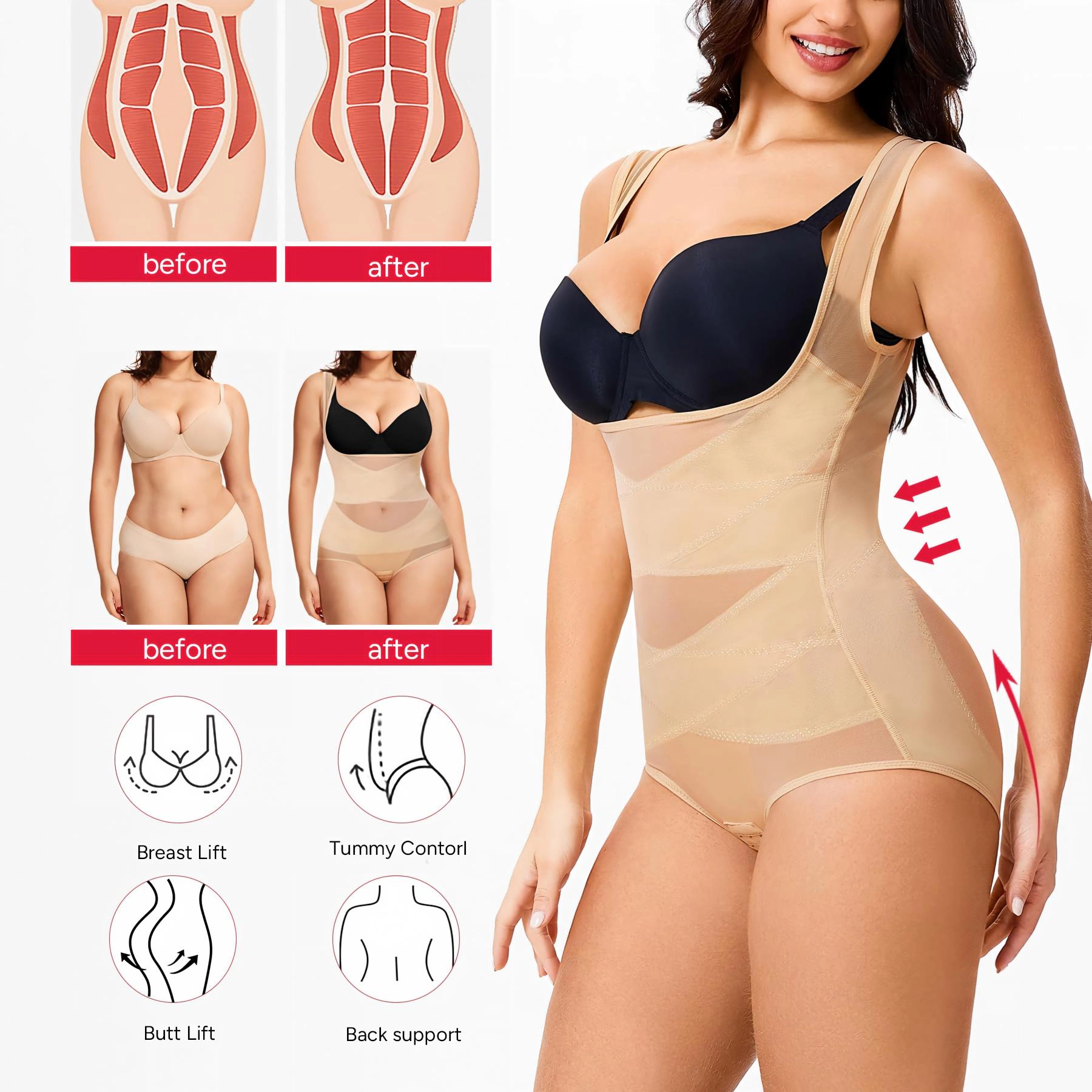 Nebility Womens Open Bust Tummy Control Shapewear Bodysuit