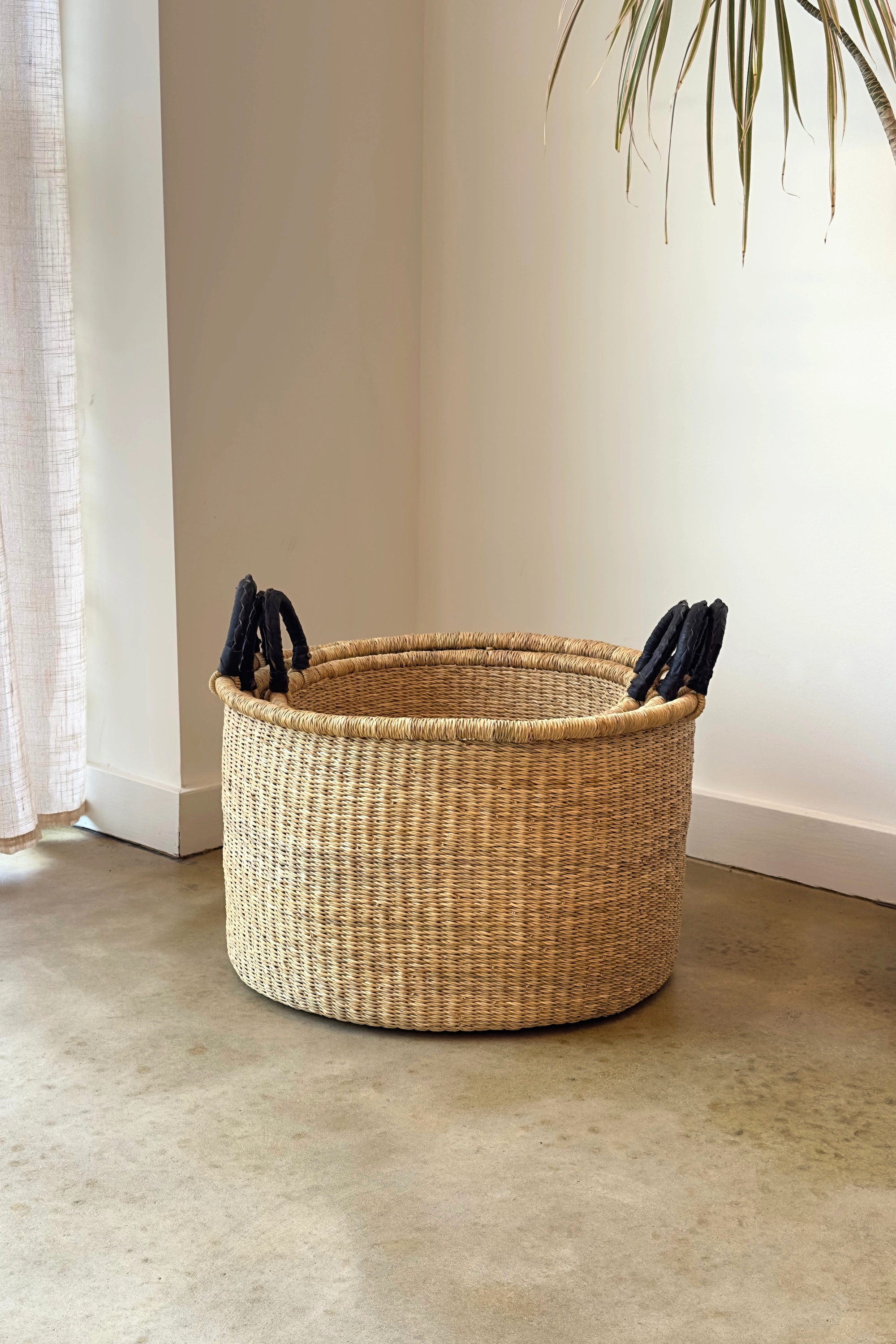 Mbare Set of 3 Handwoven Short Hampers with Leather Handles
