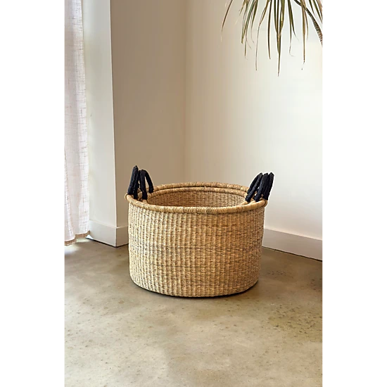 Mbare Set of 3 Handwoven Short Hampers with Leather Handles