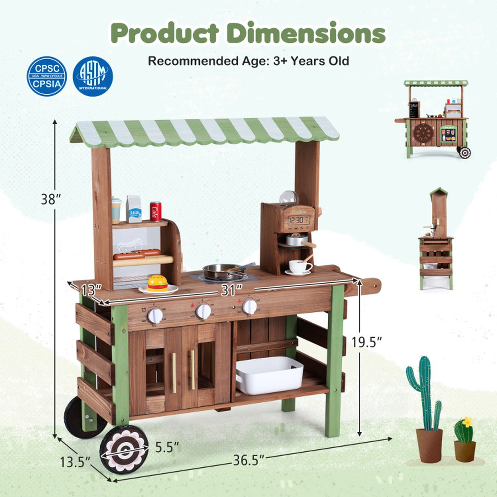 SUGIFT Hot Dog Grill Coffee Maker and Large Wheels Wooden Kids Grocery Store Playset