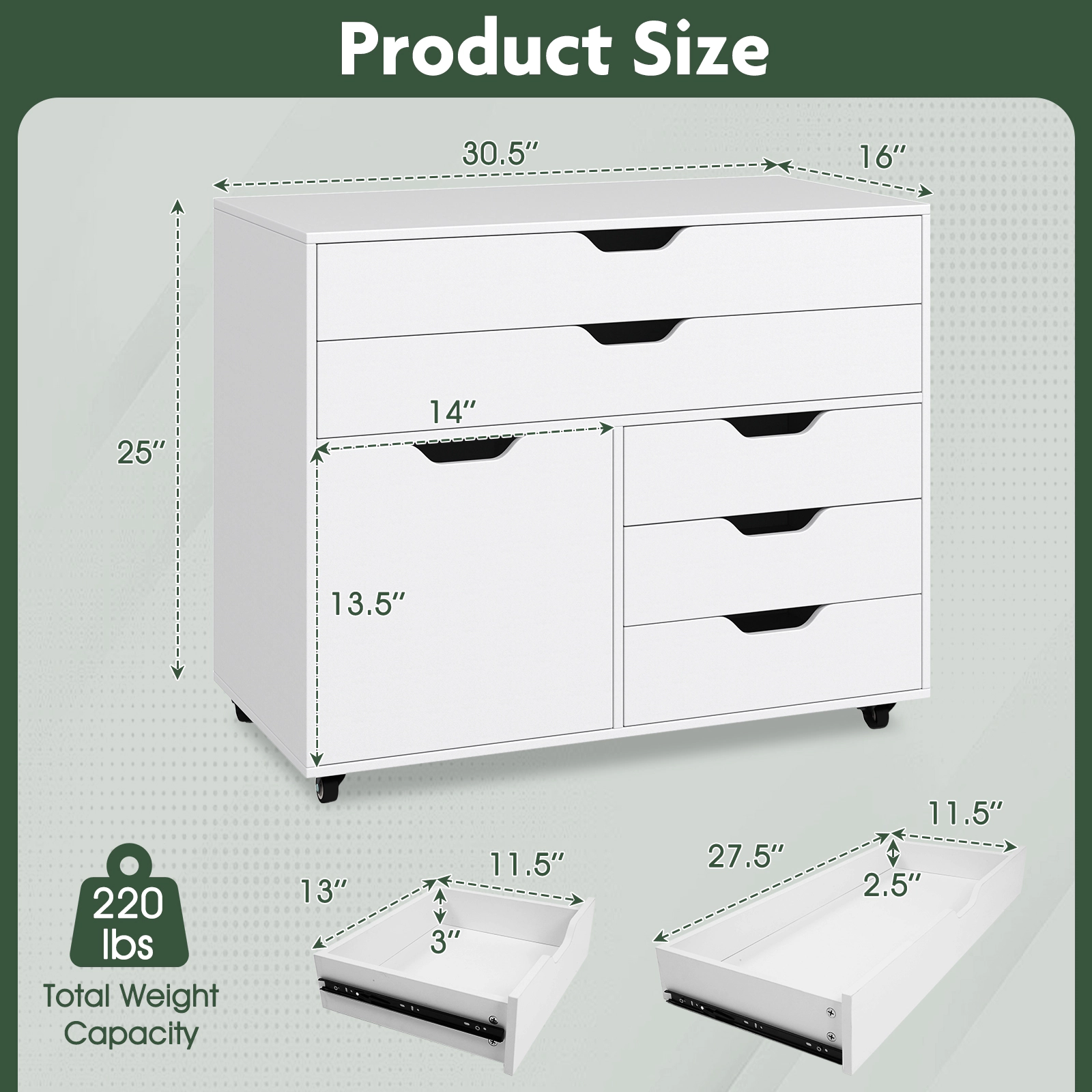 SUGIFT White 30-in 220-lb Capacity 5-Drawer Mobile Rolling Storage Chest with Door and 5 Casters