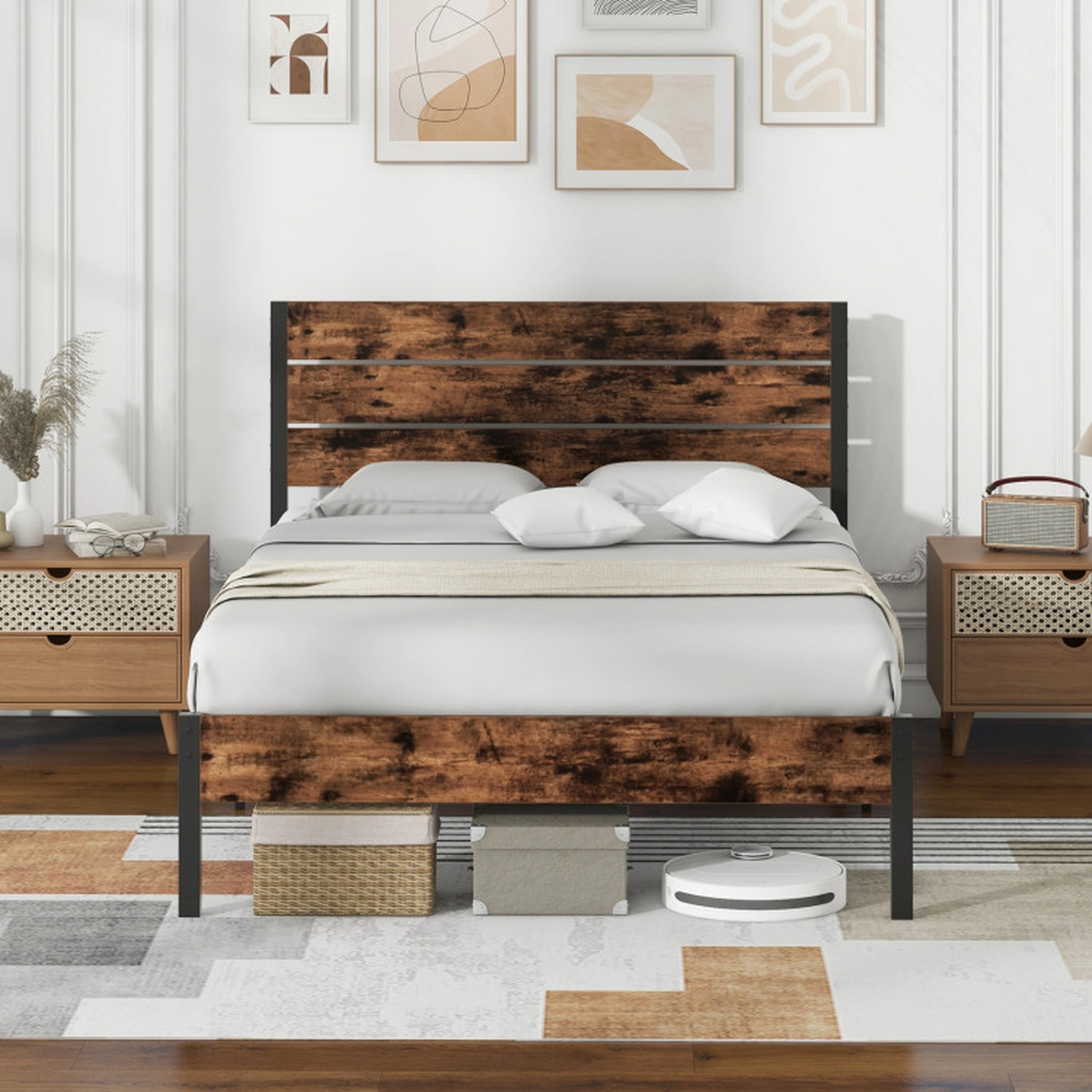 SUGIFT High Slat Headboard Mute Bar and 12 Metal Slats Bed Frame