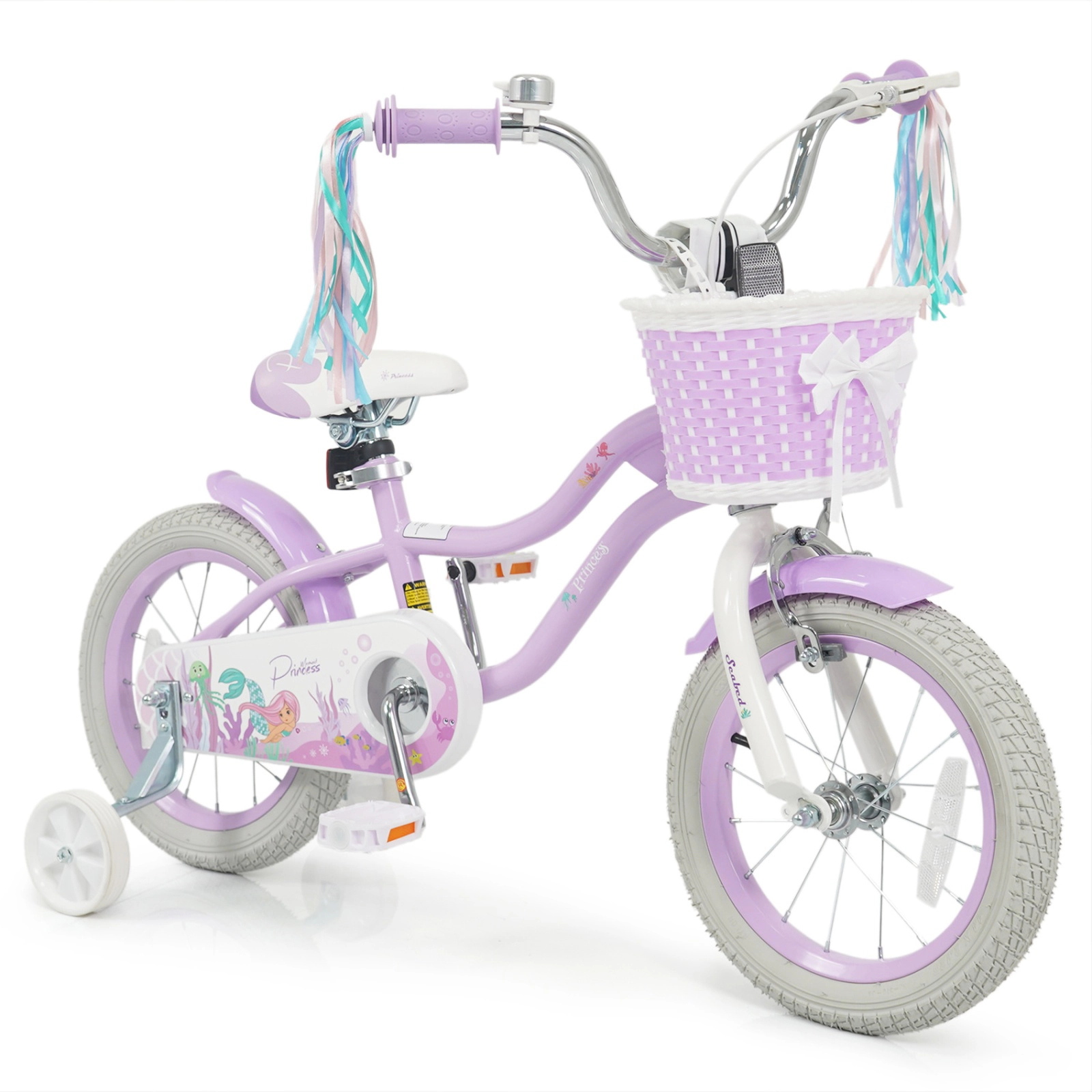 SUGIFT Adjustable 14-In Kids Bicycle Basket & Streamers 110-lb Seat Capacity Ages 3-5 Purple Princess of the Sea Theme