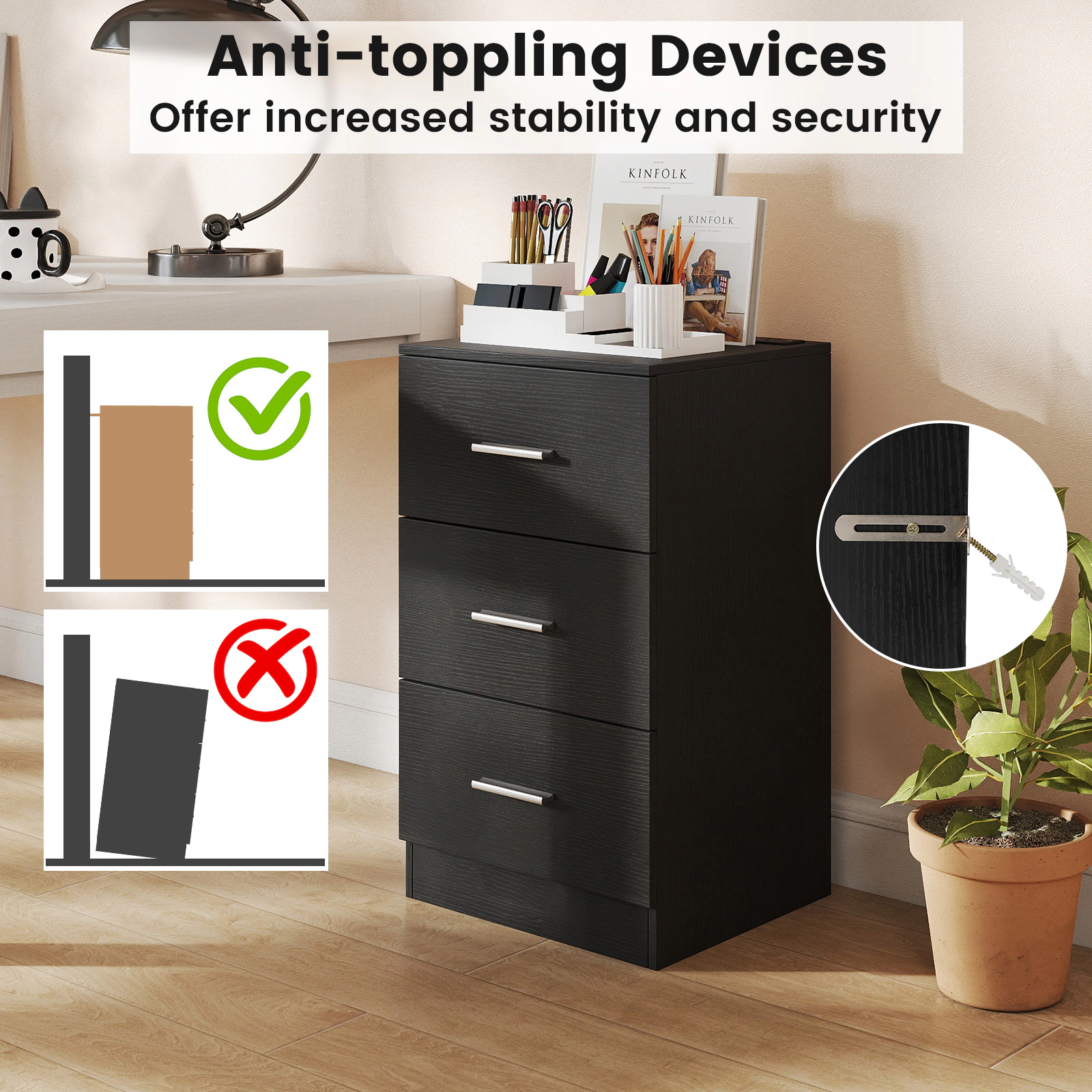 SUGIFT Nightstand Charging Station End Table 3 Storage Drawers 44-lb Countertop Capacity 22-lb Drawer Capacity Black