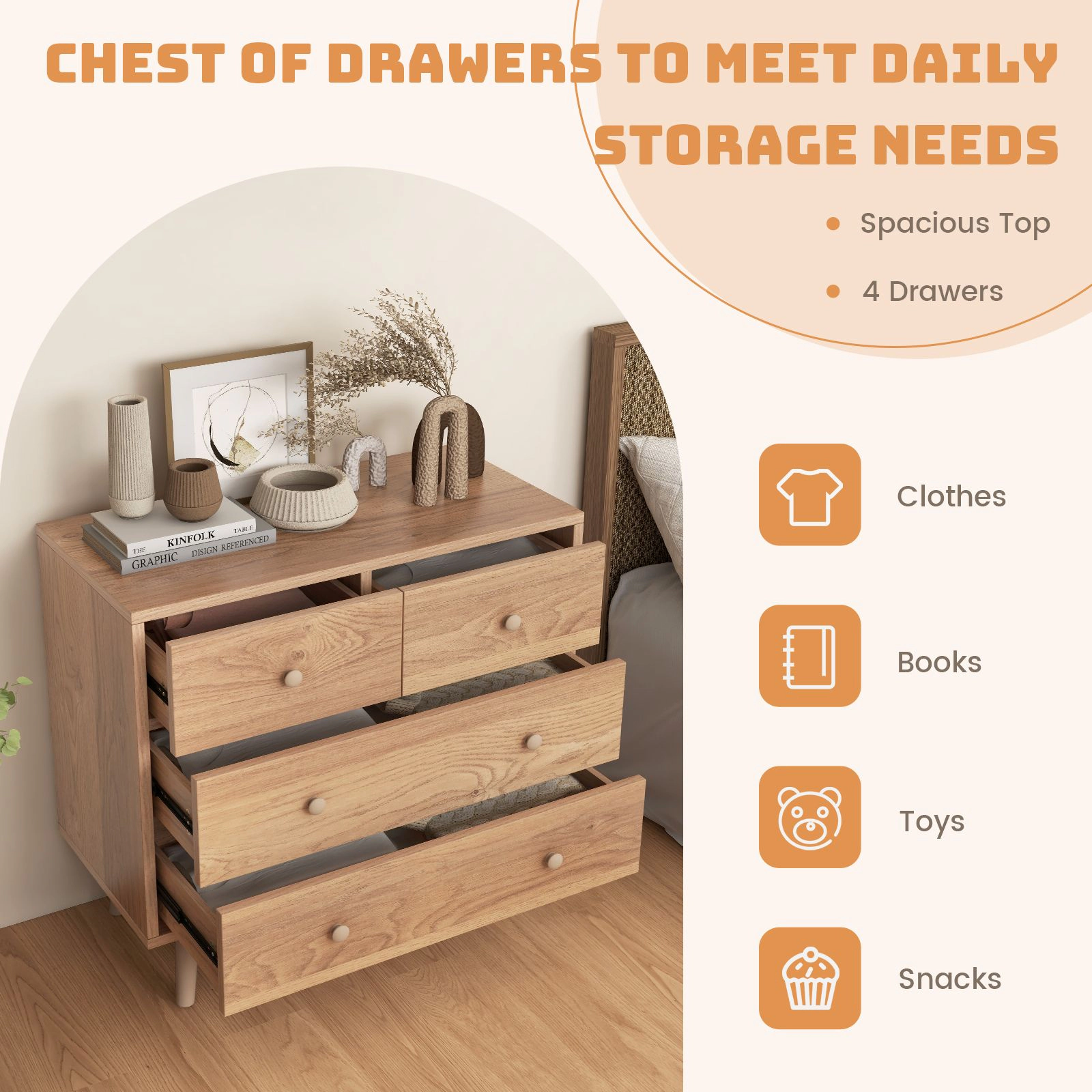 SlickBlue 4-Drawer Wood Dresser with Spacious Top and Metal Glides