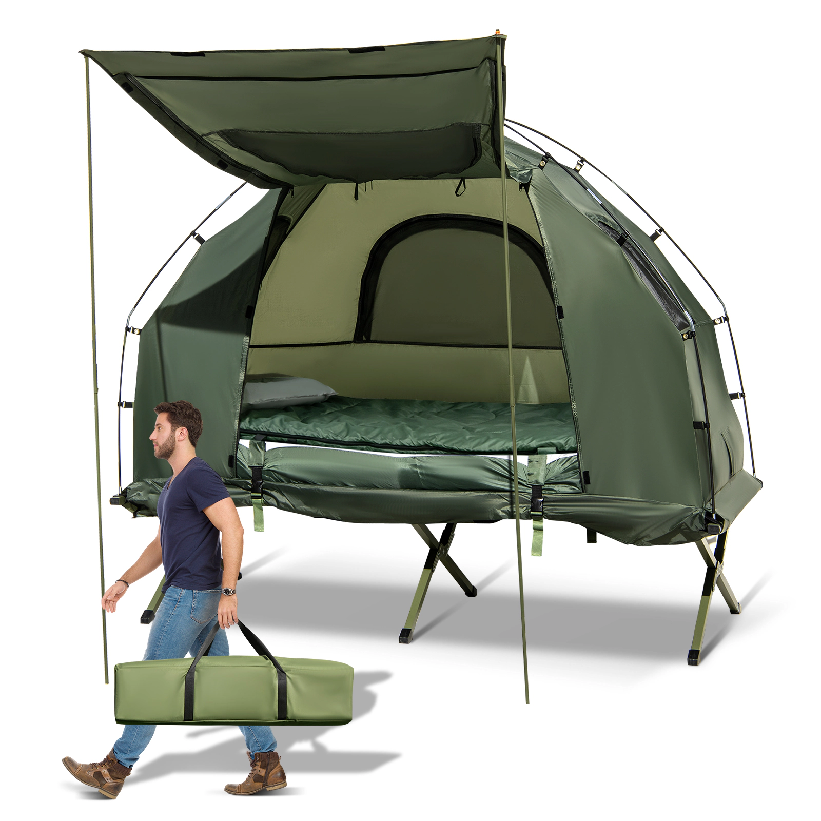 SUGIFT 1-Person Green Folding Camping Tent Cot with Air Mattress and Sunshade 77-in W 35-in D 300-lb Cot Capacity