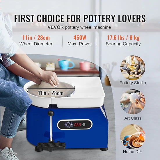 HONGGE Pottery Wheel 11 in Clay Wheel Forming Machine 60-300 RPM Adjustable Speed with Handle and Pedal Control ABS