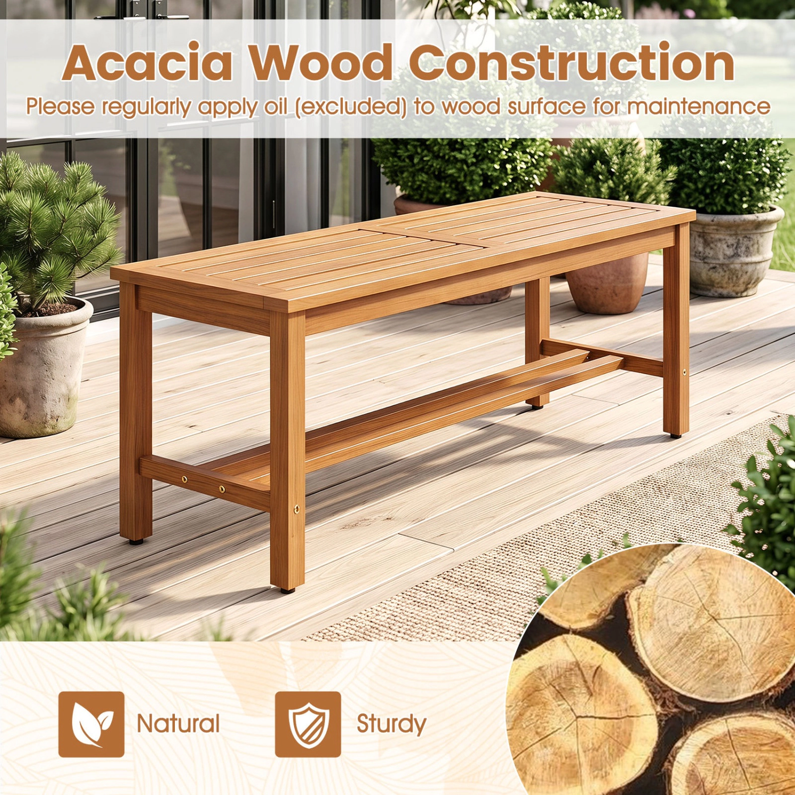 SUGIFT Set of 2 40-Inch Natural Acacia Wood Outdoor Benches