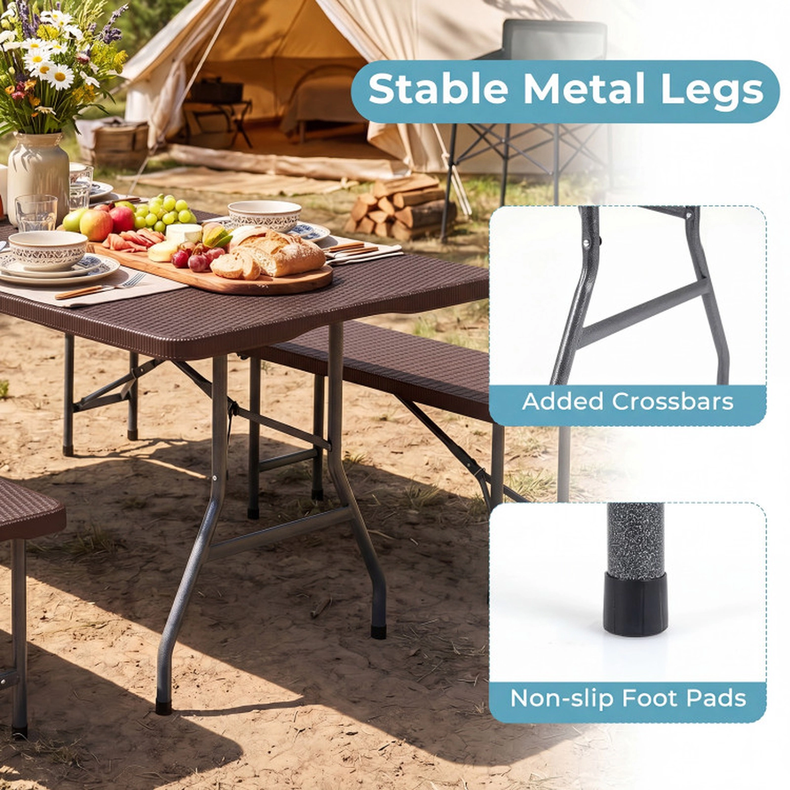 SUGIFT 71-in Fold-in-Half HDPE Camping Table 220-lb Capacity with Metal Legs Coffee Color 24-lb Net Weight