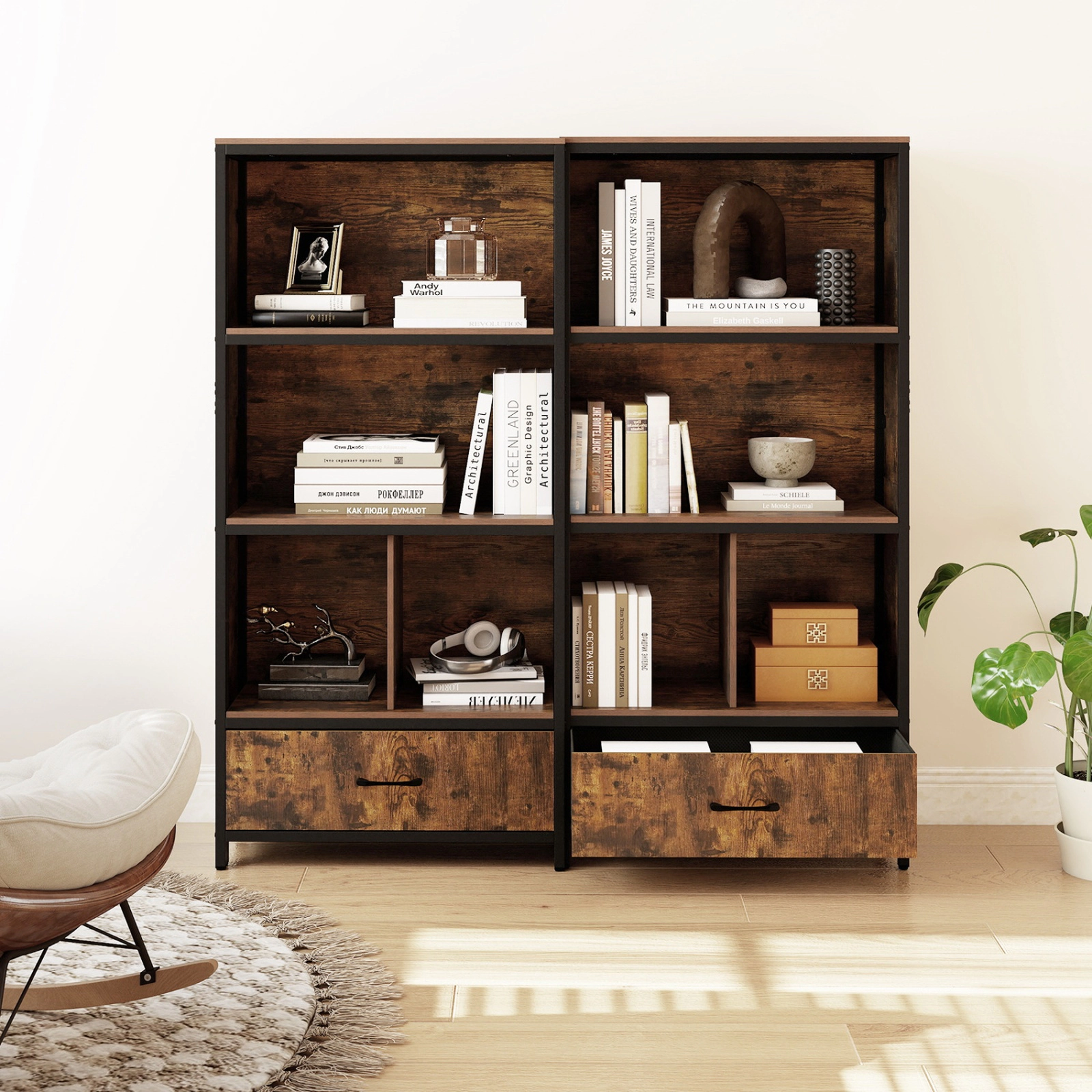 SUGIFT Rustic Brown Removable Fabric Drawer 56 in Freestanding Bookcase