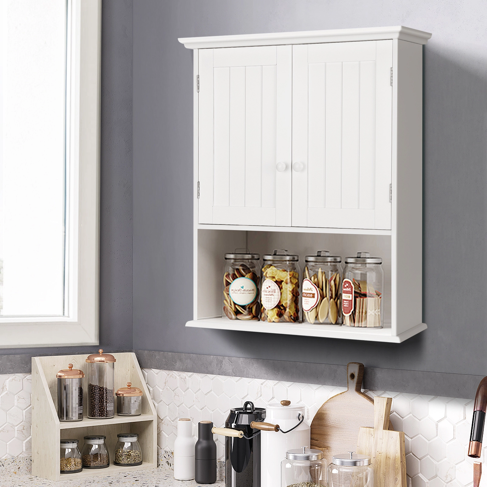 SUGIFT 2-Door Wall Mount Open Shelf MDF Bathroom Storage Cabinet 23.5-in x 8-in x 28-in 11-lb per Tier White