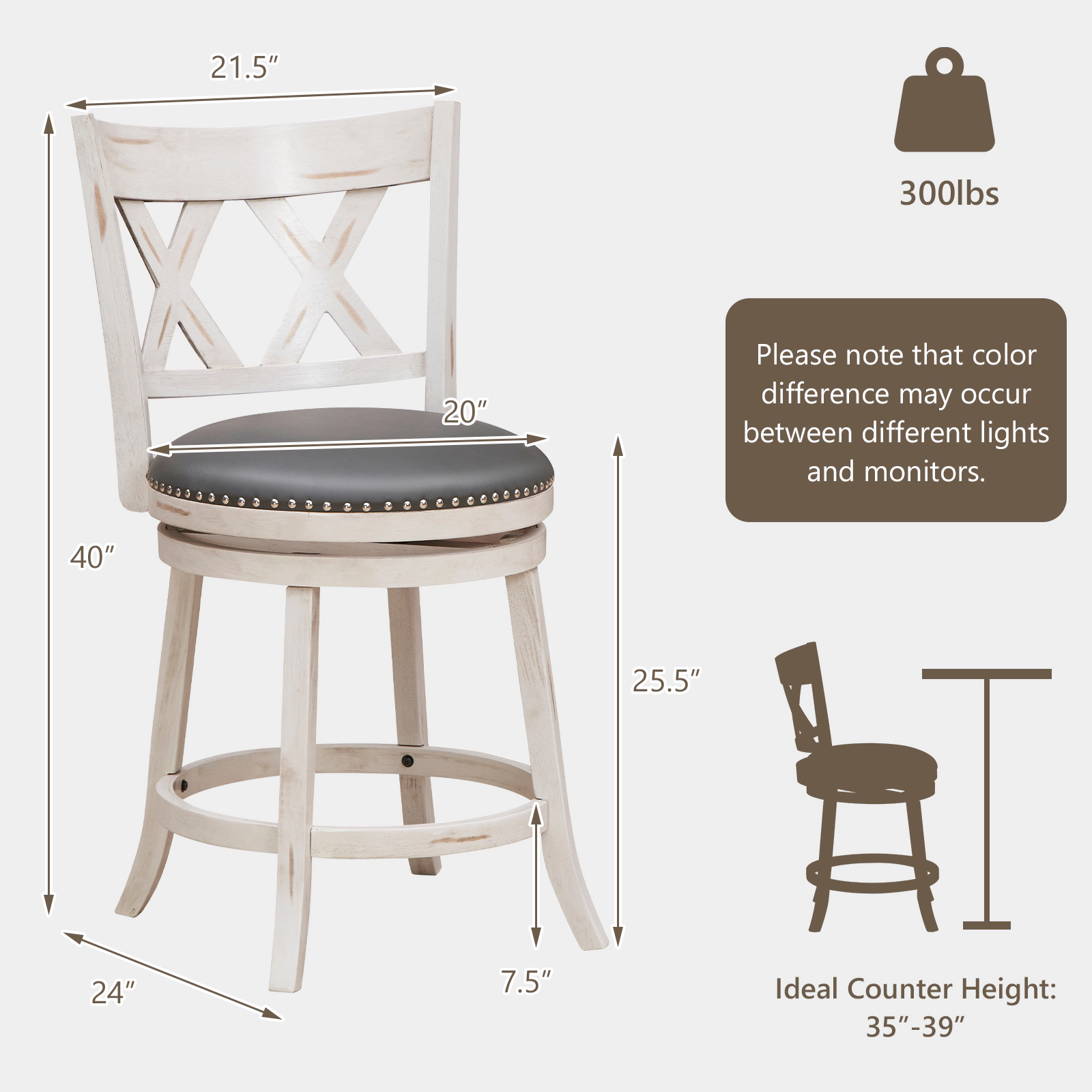 SUGIFT 25.5-In Swivel Hand-Antiqued Counter Stool Set of 2 300-Lb Capacity & Wider 20-In Padded Seat Antique White +