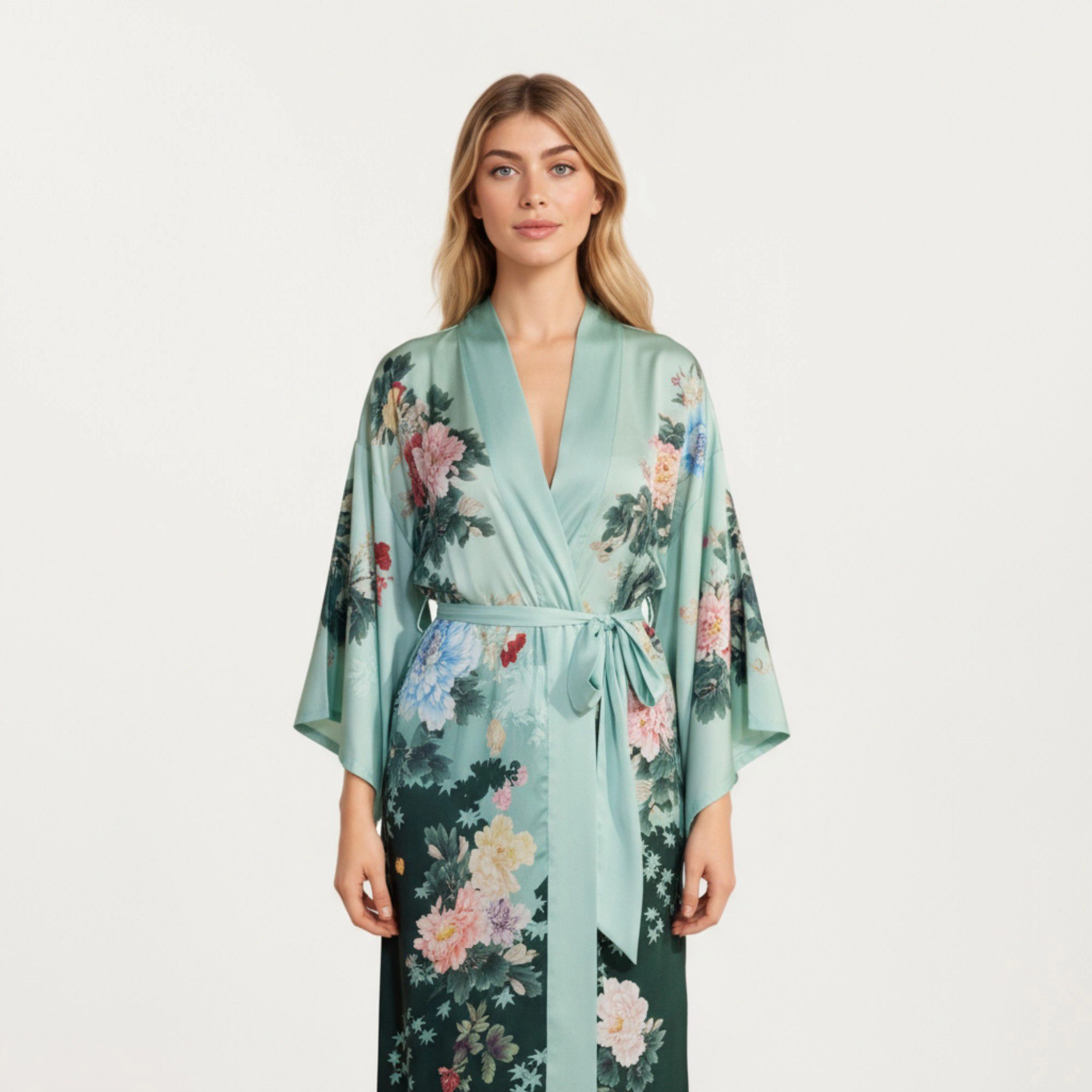 Anna-Kaci Women's Long Satin Floral Print Robe with Waist Tie and Wide Sleeves