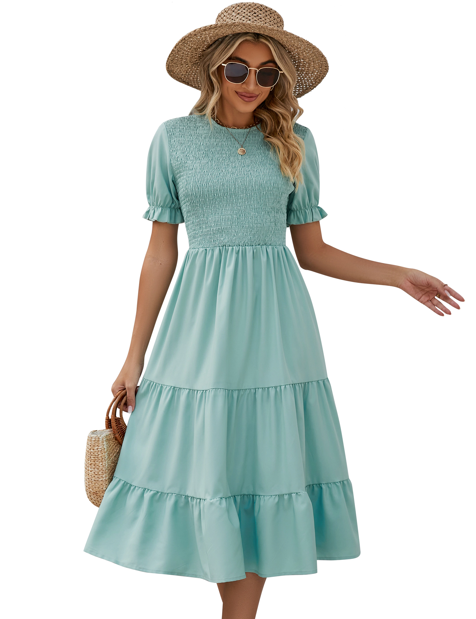 KOJOOIN Women Tiered Midi Dress Puff Short Sleeve Smocked Bodice A-Line Ruffle Beach Flowy Summer Dresses