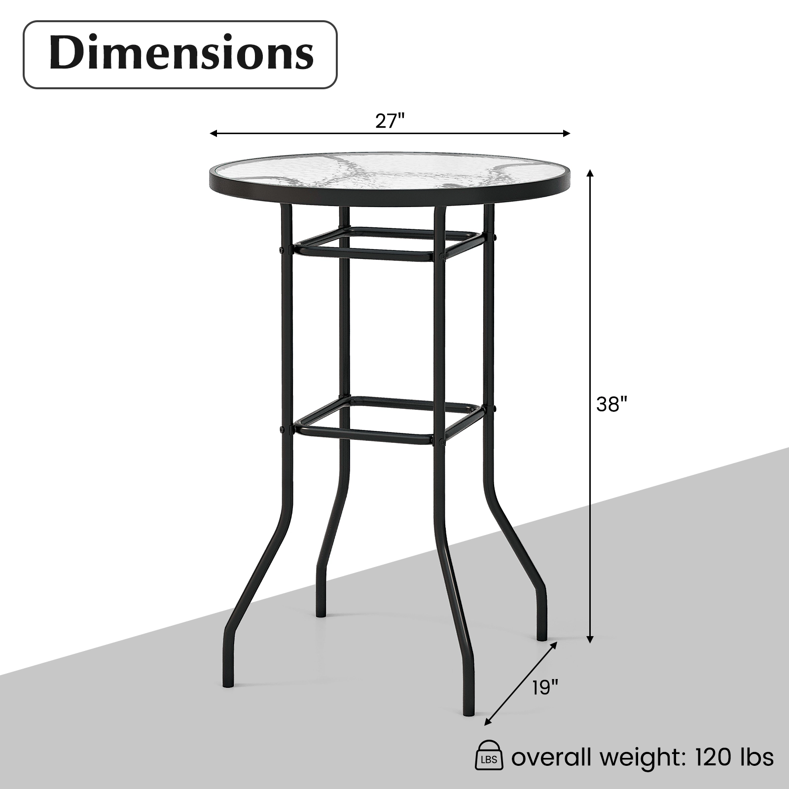 LJG 38 Inch Patio Bar Table with Tempered Glass Tabletop