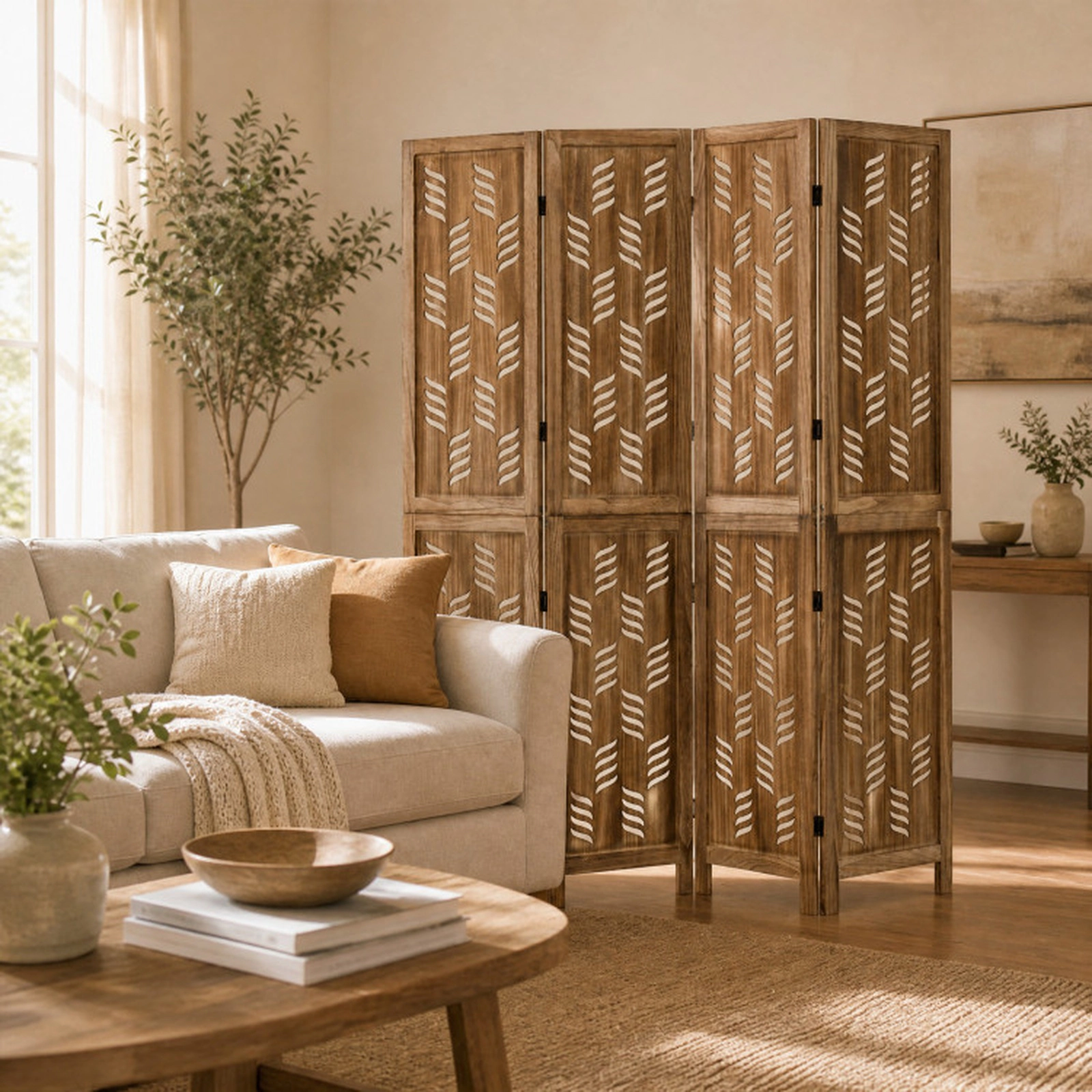 SUGIFT 4-Panel Paulownia Wood Room Divider with Wave Cutout 62 x 67 in Foldable Privacy Screen Brown White