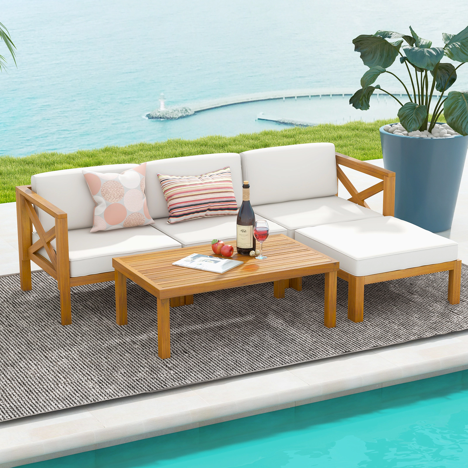 LJG 5 Piece Outdoor Conversation Furniture Set with 3 Chairs 1 Ottoman and 1 Coffee Table