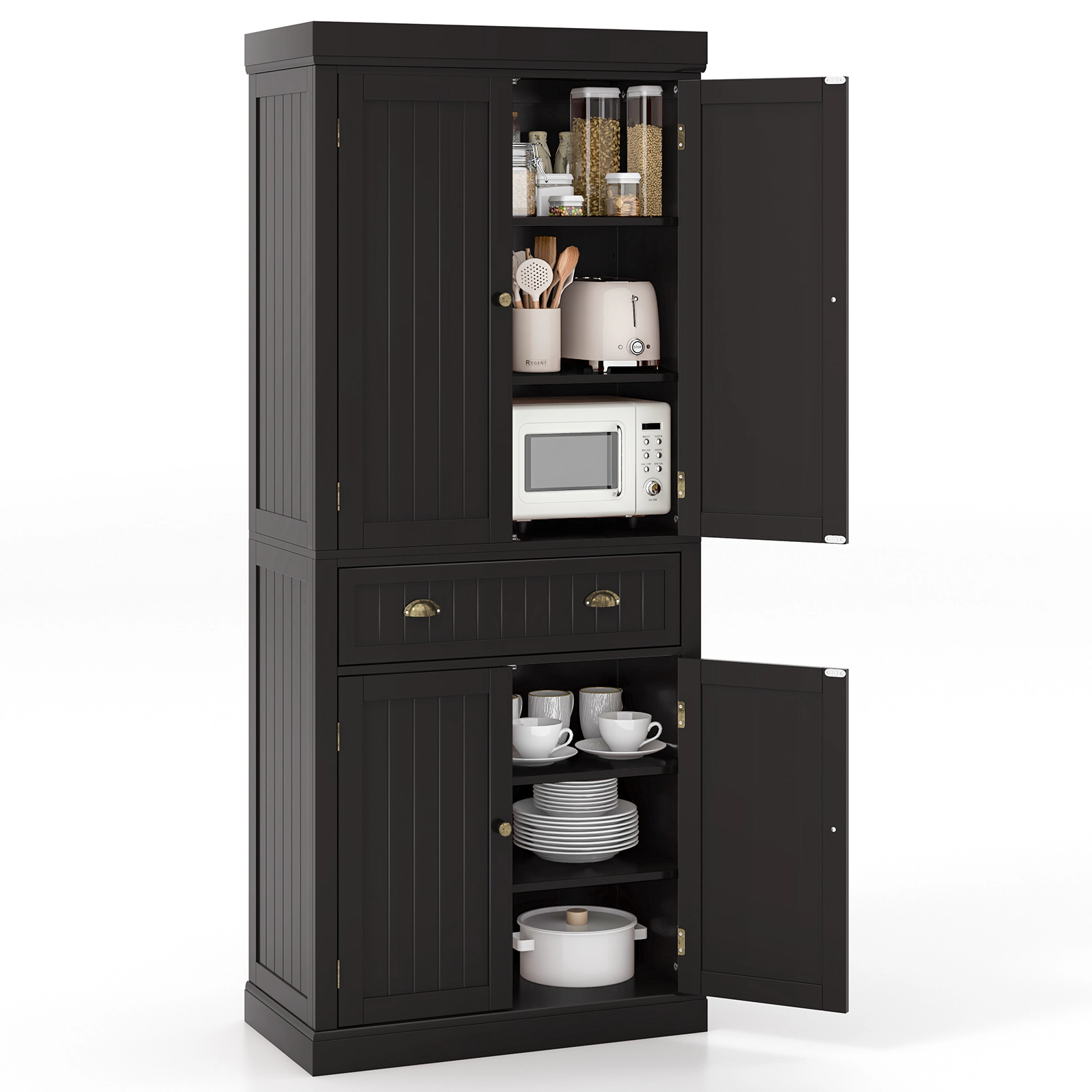 SUGIFT 72-in Tall Black Kitchen Pantry Cabinet with 4 Doors Adjustable Shelves and Freestanding Cupboard