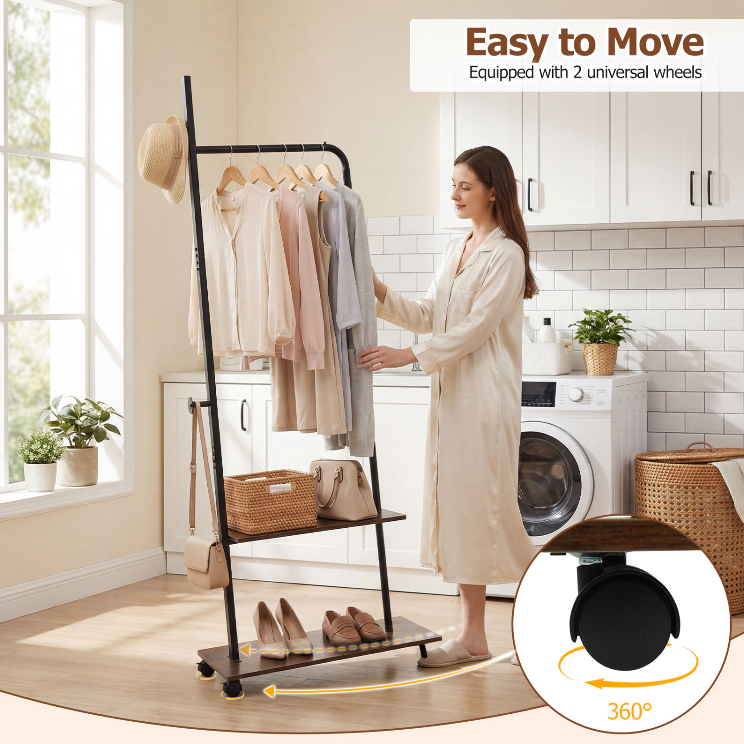 Glintex Rolling Clothing Rack with Anti-Falling Device and 43.5-Inch Hanging Height, Rustic Brown