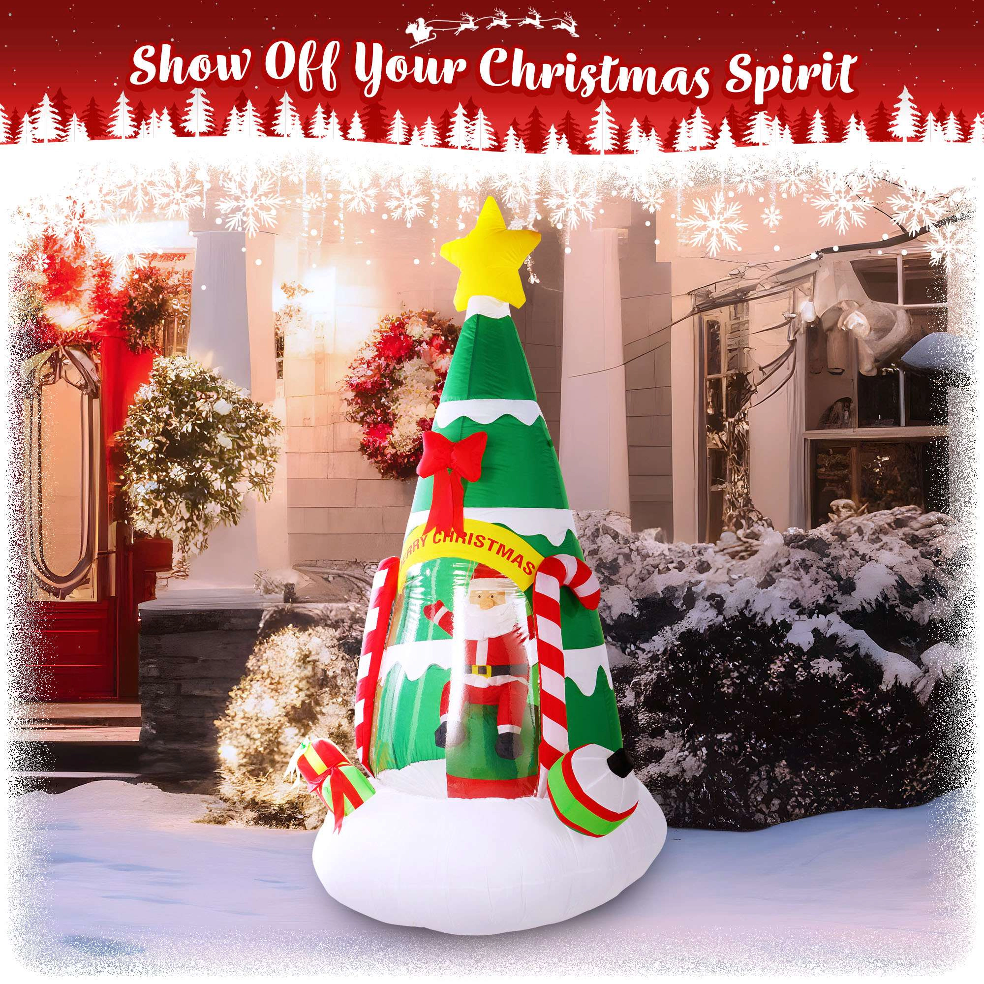G128 7 ft Inflatable Christmas Tree with Waving Santa, Candy Canes & Multicolor LED Lights