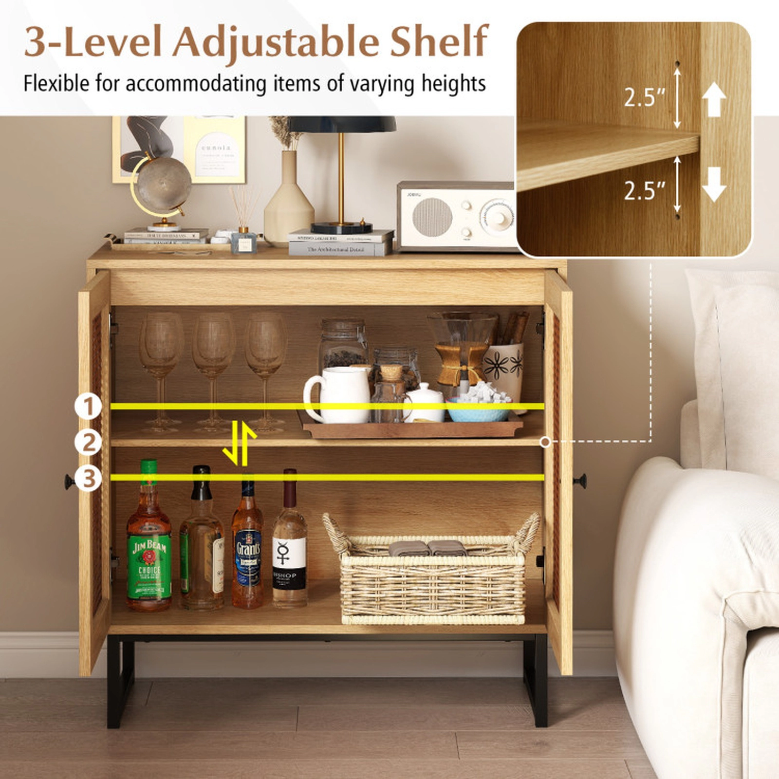 SUGIFT Rattan 2-Door Buffet Sideboard Cabinet with Adjustable Shelf 66-lb Top Capacity 31.5-in Wide Natural/White
