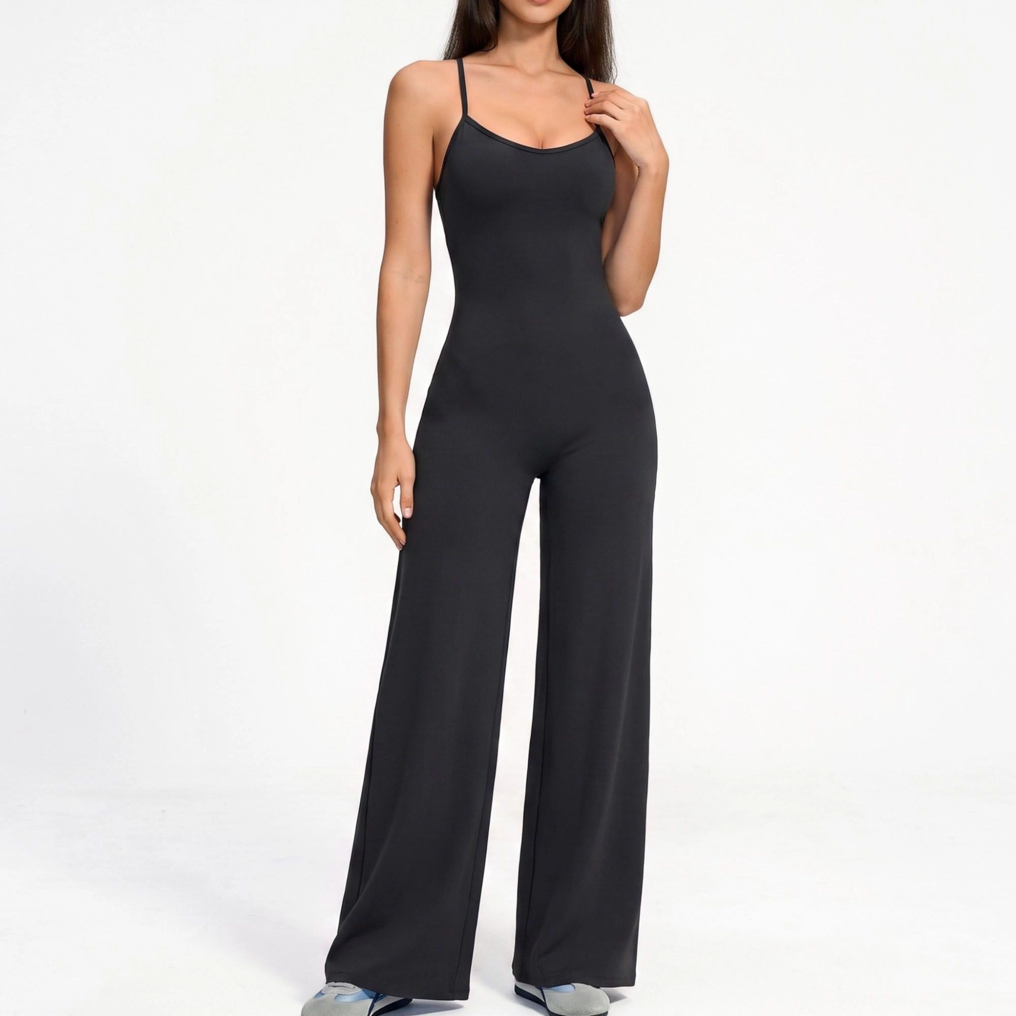 Anna-Kaci Women's Scoop Neck Wide Leg Athletic Jumpsuit with Adjustable Crisscross Back Straps for Yoga Gym