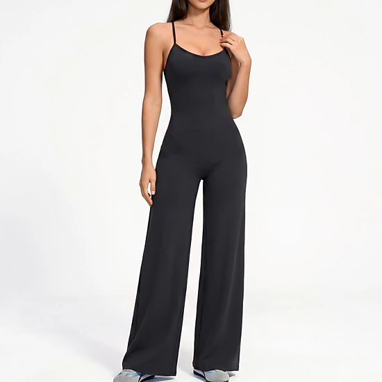 Anna-Kaci Women's Scoop Neck Wide Leg Athletic Jumpsuit with Adjustable Crisscross Back Straps for Yoga Gym
