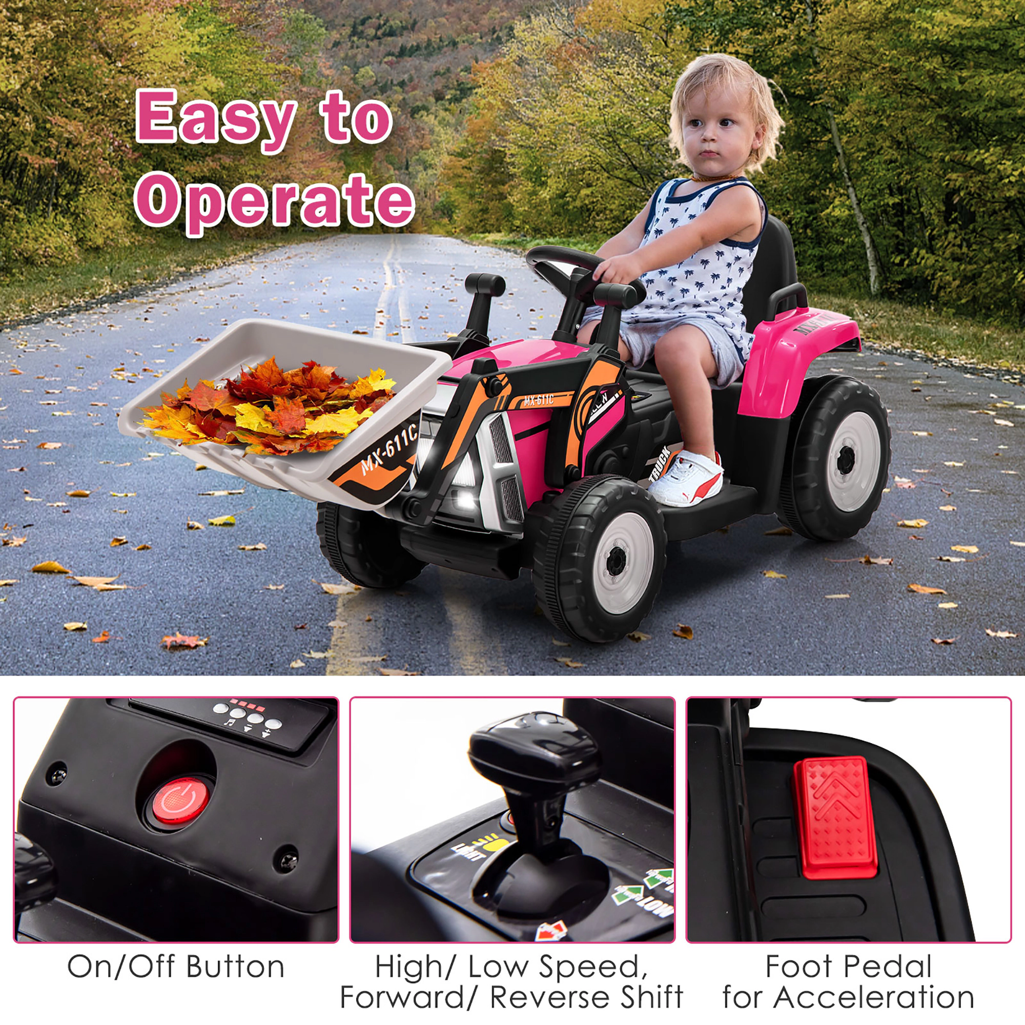 Costway Kids Ride On Excavator Digger 12V Electric Tractor RC w/ Digging Bucket Pink/Yellow