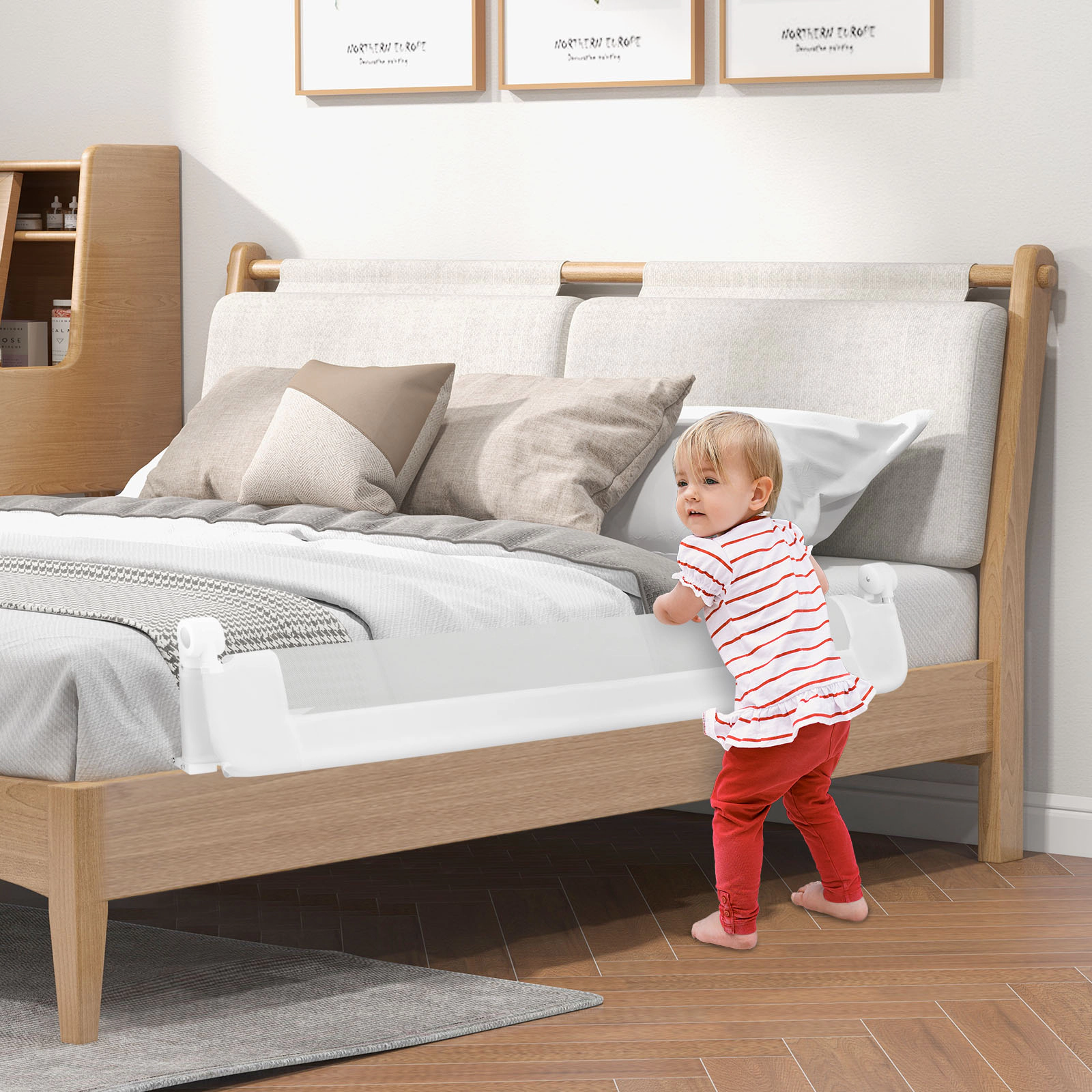 SUGIFT Adjustable Safety Strap 60-in Foldable Toddler Bed Rail Swing Down Bed Guard